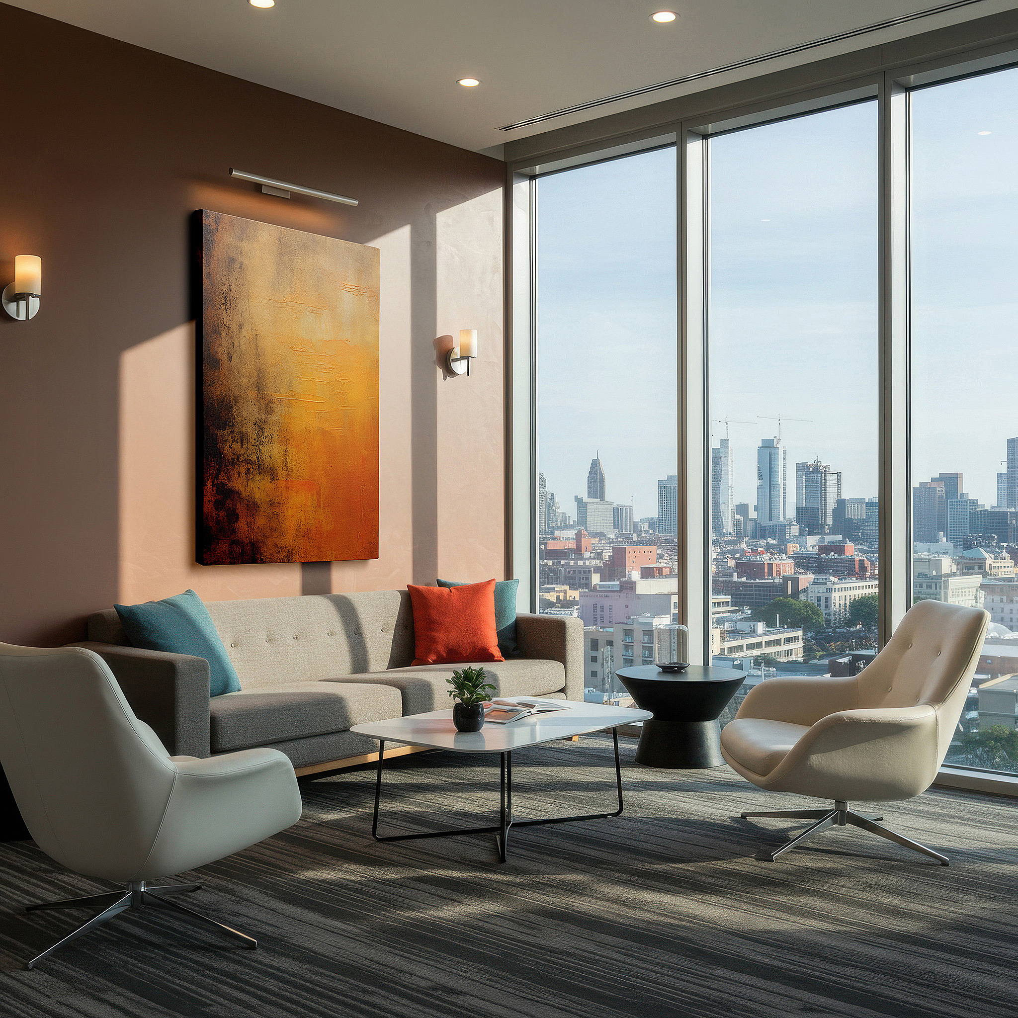 Displayed above a contemporary leather sofa in warm light — warm orange and cool brown tones on textured canvas, large wall art for office or bedroom decor