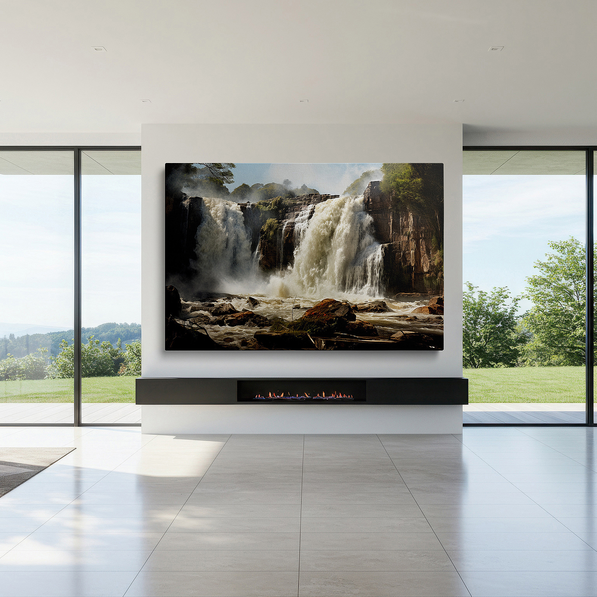 Displayed above a contemporary leather sofa in warm light — waterfall cascade surrounded by verdant foliage, dynamic and peaceful nature landscape, large wall art, canvas wall art, wall decor for office and bedroom
