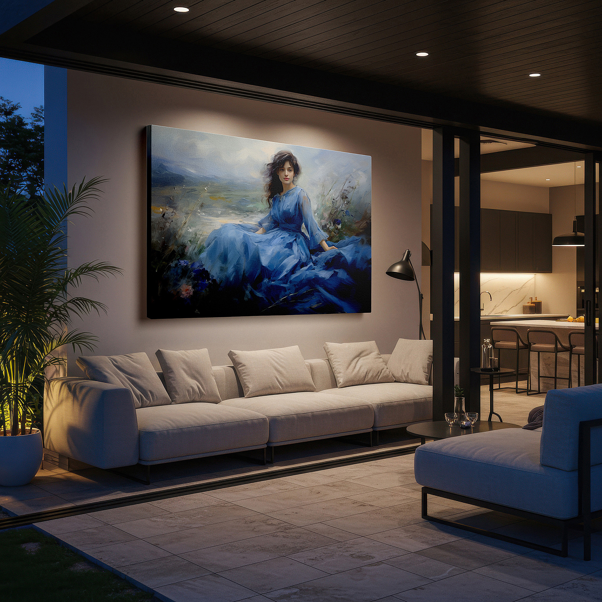 Displayed above a contemporary leather sofa in warm light — young woman in a blooming garden: serene elegance and harmony with nature - large canvas wall art for office decor