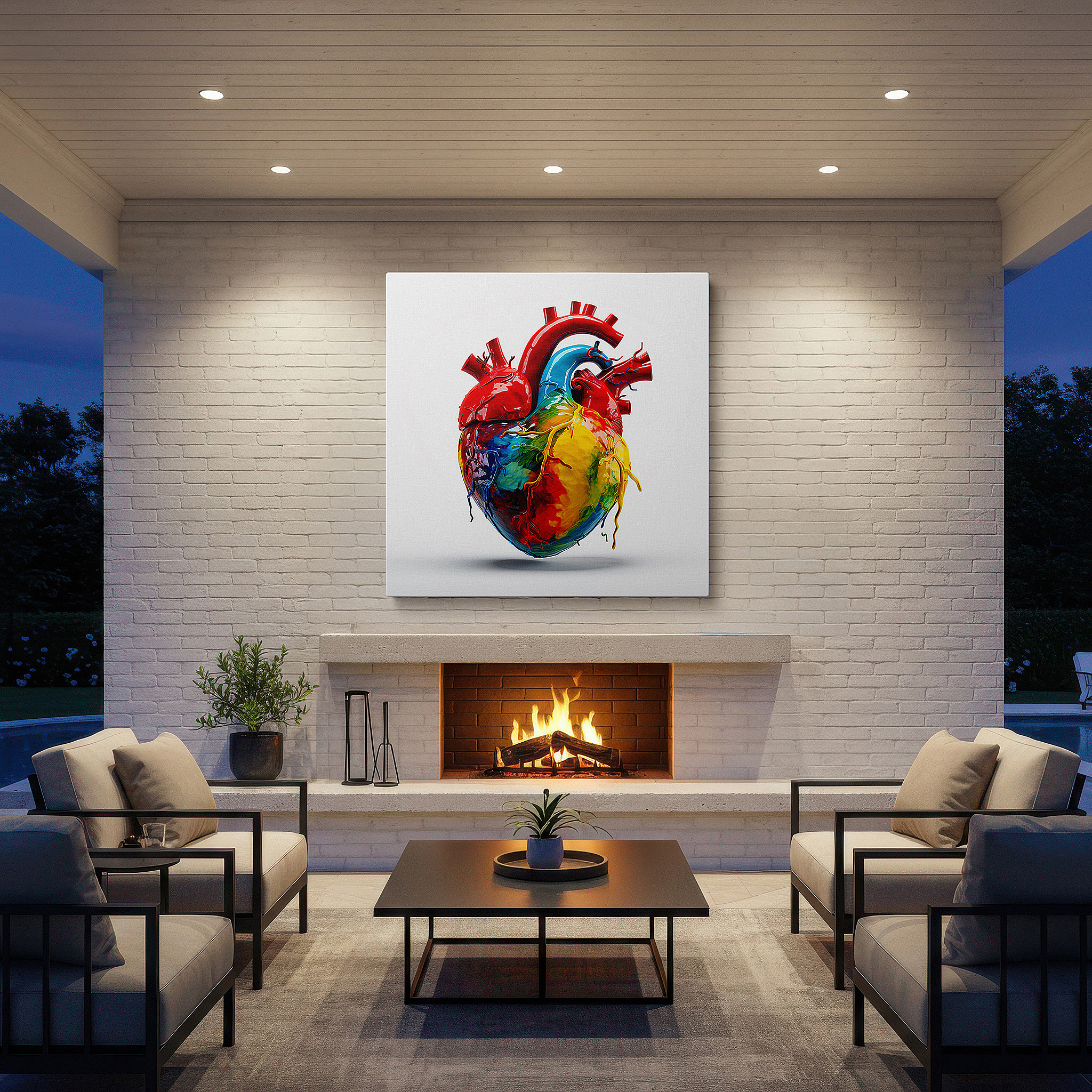 Featured in a dining room with dark wood furniture and candlelight — abstract heart wall art: embrace the emotional spectrum with vibrant reds and mystical purples - perfect for home or office decor, available as large canvas art
