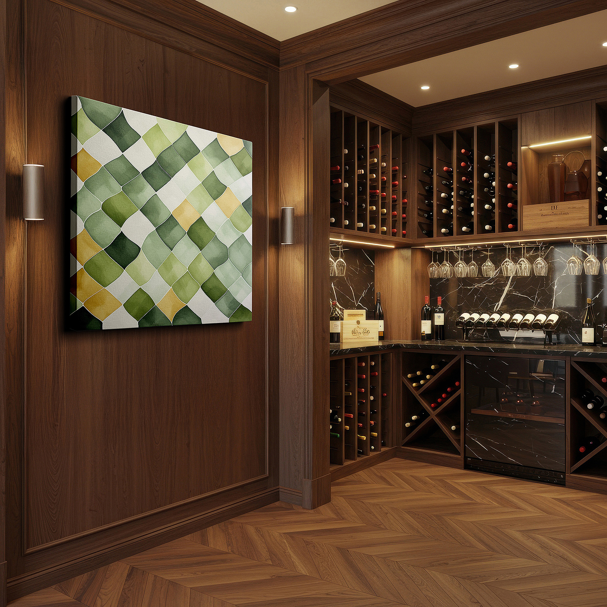 Featured in a dining room with dark wood furniture and candlelight — abstract symphony of soothing greens and sunlit yellows: nature's essence through curves, large canvas wall art