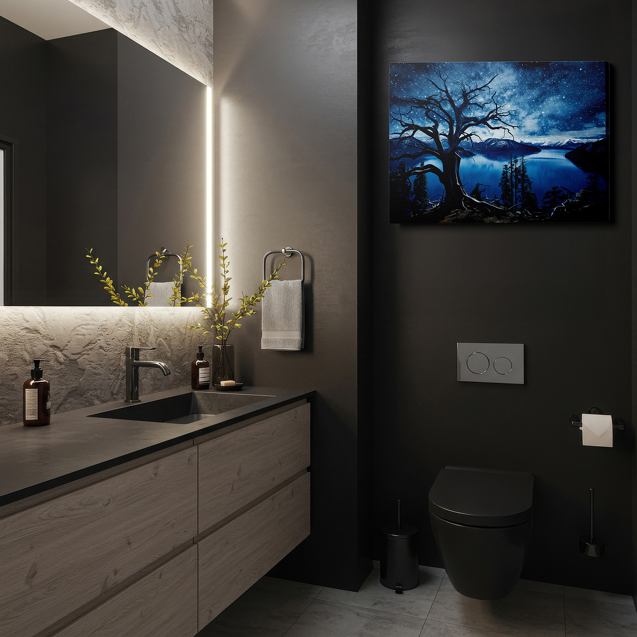 Featured in a dining room with dark wood furniture and candlelight — ancient tree silhouette against a starry sky with tranquil lake reflection large wall art, canvas wall art, wall decor