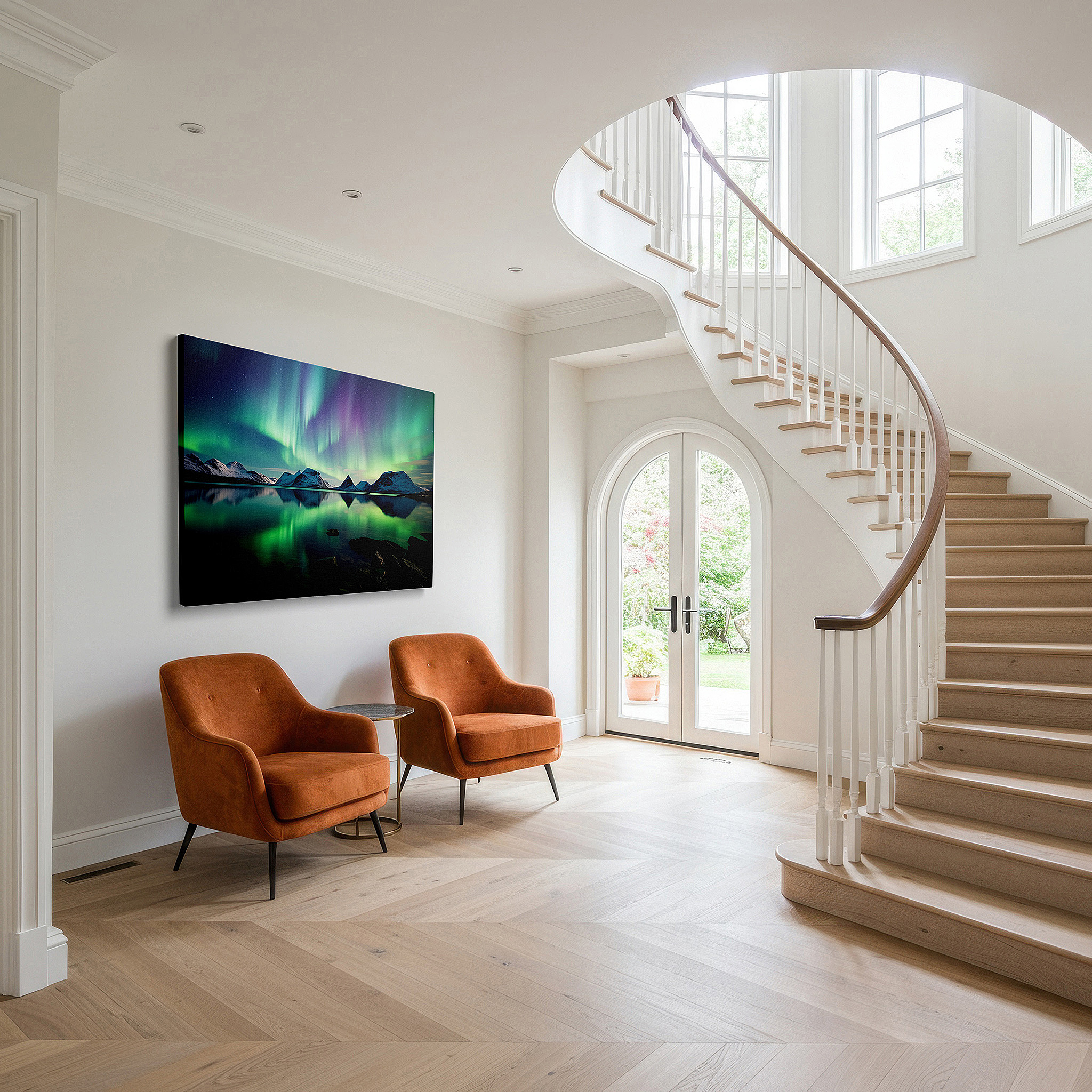 Featured in a dining room with dark wood furniture and candlelight — aurora borealis over peaceful mountains and reflective waters large canvas wall art for office decor