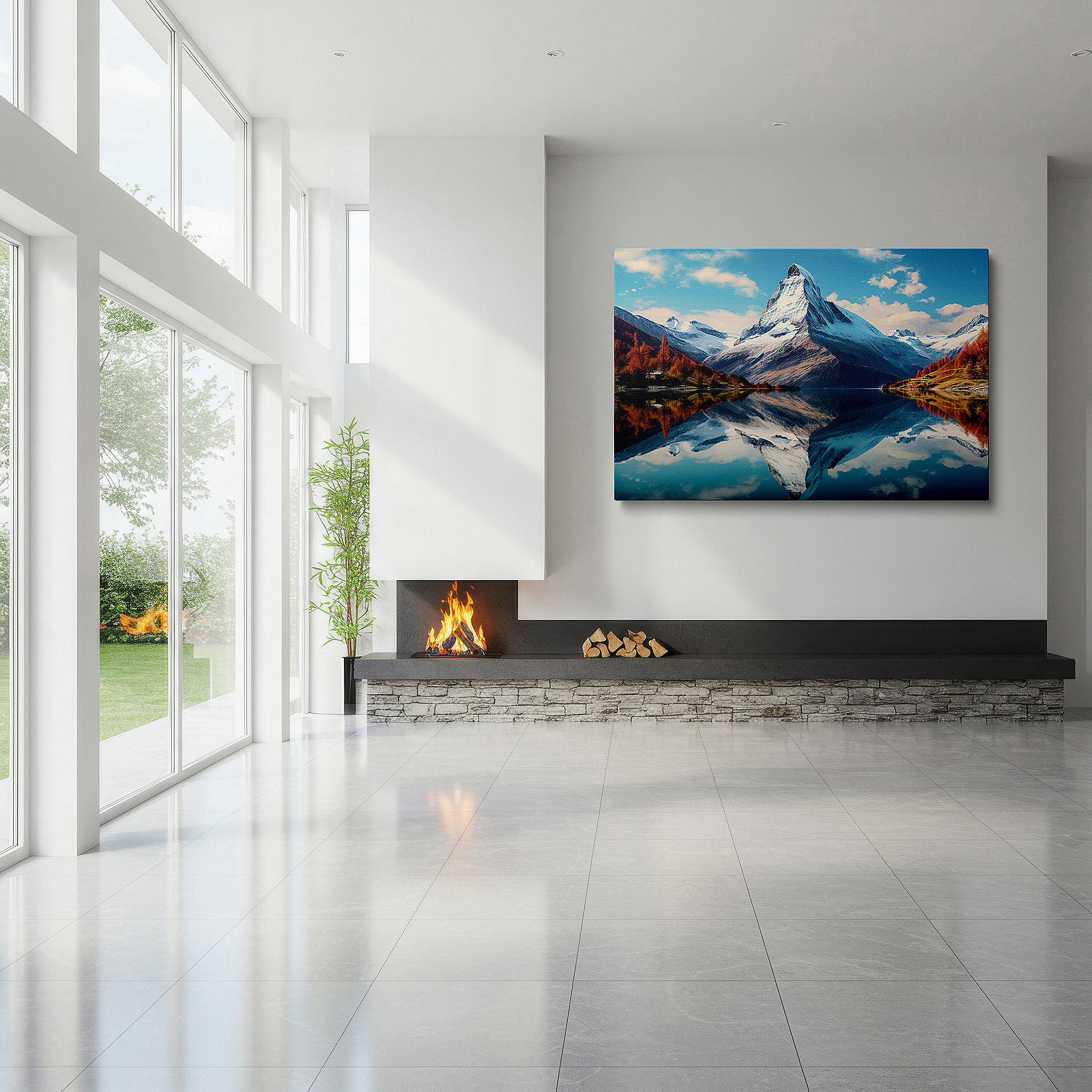 Featured in a dining room with dark wood furniture and candlelight — autumn splendor at majestic mountain: tranquil lake reflection large wall art, canvas wall art, wall decor for office and bedroom