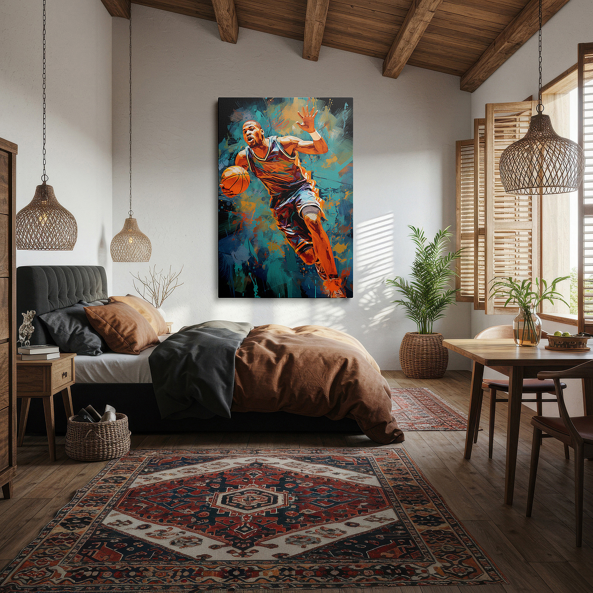 Featured in a dining room with dark wood furniture and candlelight — basketball action wall art: capturing the vibrant energy and athletic skill - ideal for large spaces, canvas prints, home and office decor