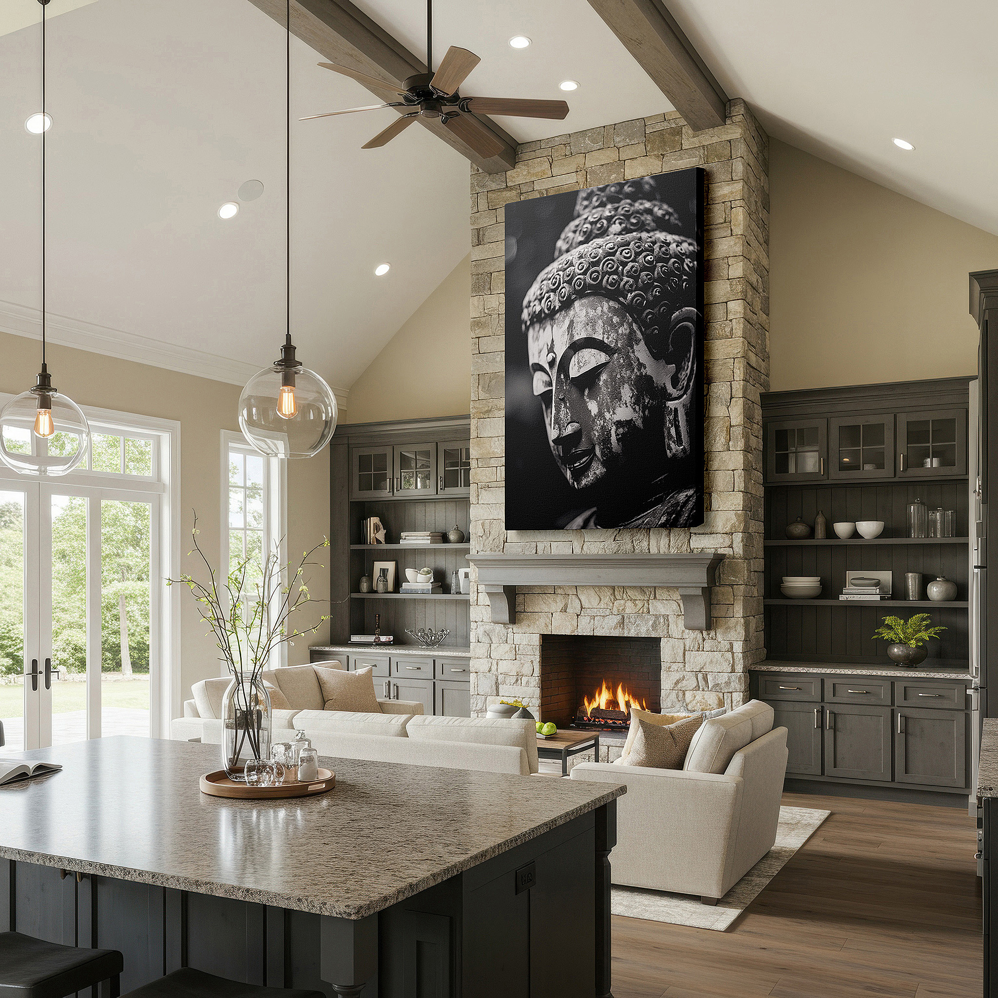 Featured in a dining room with dark wood furniture and candlelight — black and white buddha portrait wall art: explore spiritual depth and serene beauty with large canvas decor for home and office