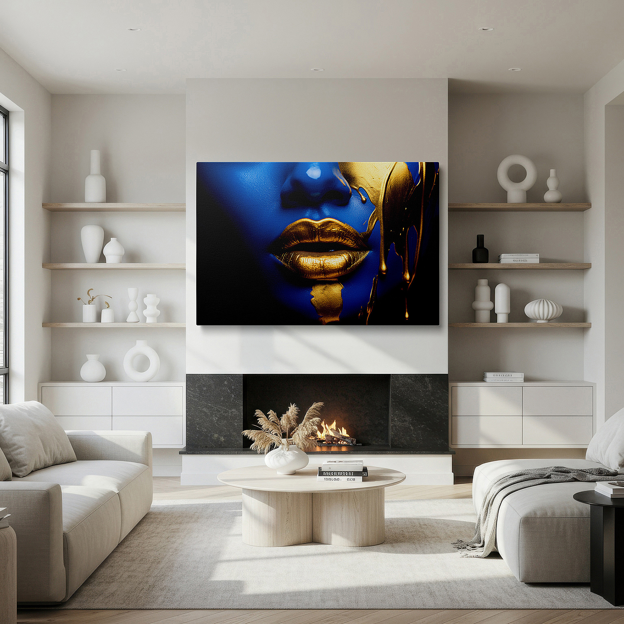 Featured in a dining room with dark wood furniture and candlelight — blue depths and golden flows: exploring identity and introspection - large wall art, canvas wall art, wall decor for office and bedroom