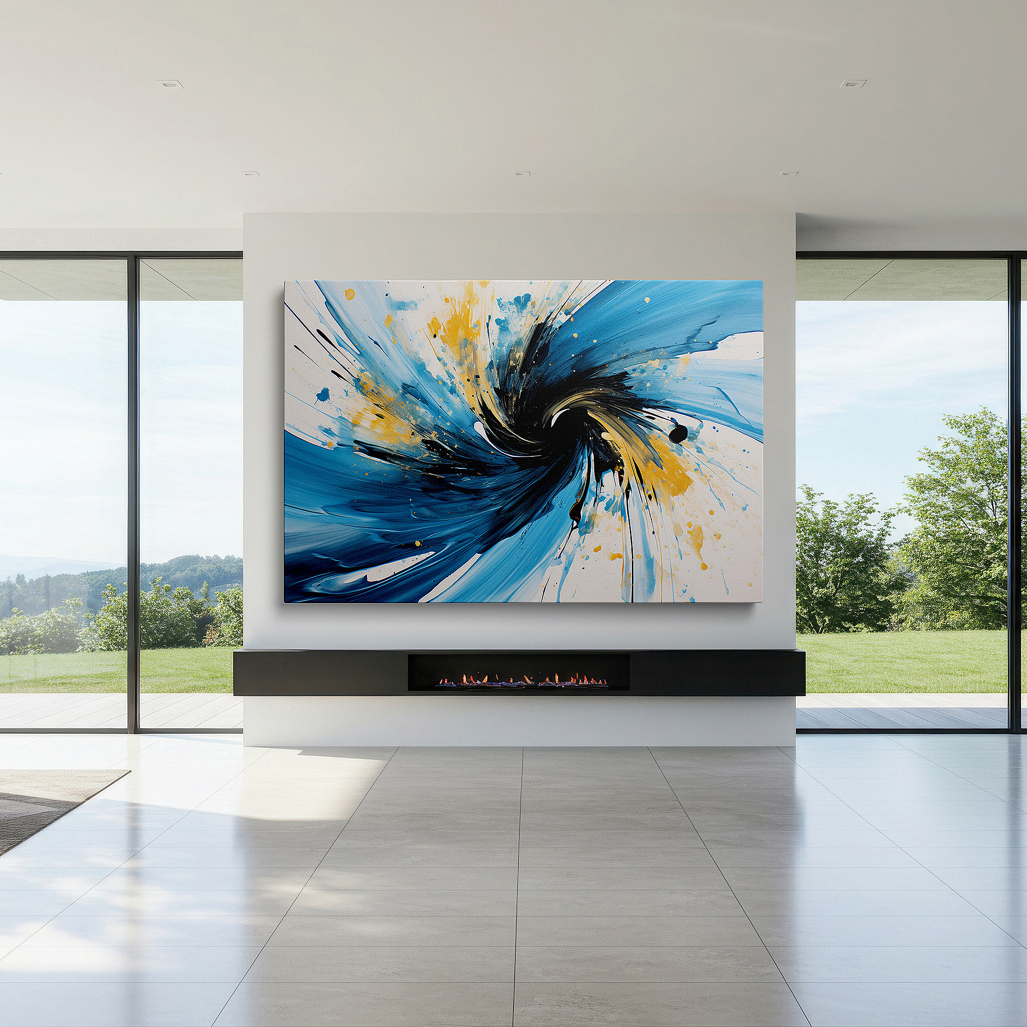 Featured in a dining room with dark wood furniture and candlelight — blue and yellow dynamic swirls depicting cosmic motion and playful creativity - large canvas wall art for office and bedroom decor