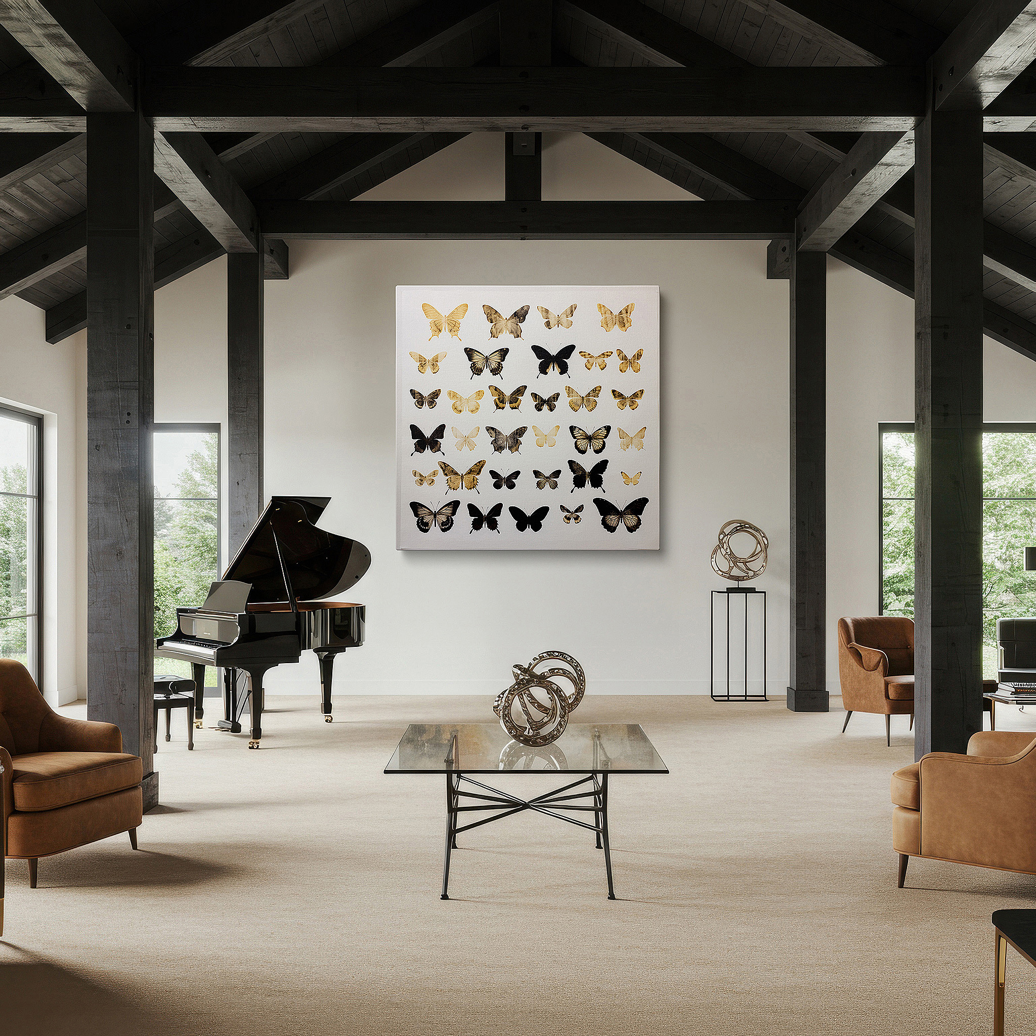 Featured in a dining room with dark wood furniture and candlelight — butterfly symphony wall art: celebrating the vibrant intricacies of nature - large canvas for home and office decor