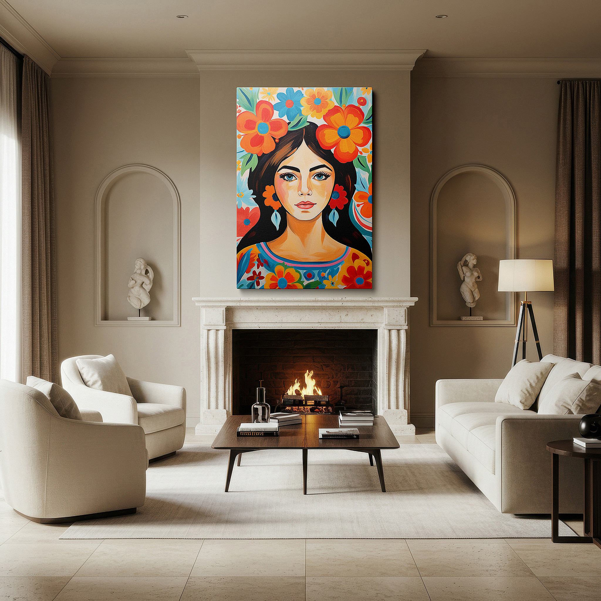 Featured in a dining room with dark wood furniture and candlelight — celebrating nature, femininity, and joy with a radiant smiling woman adorned with colorful flowers - large canvas wall art