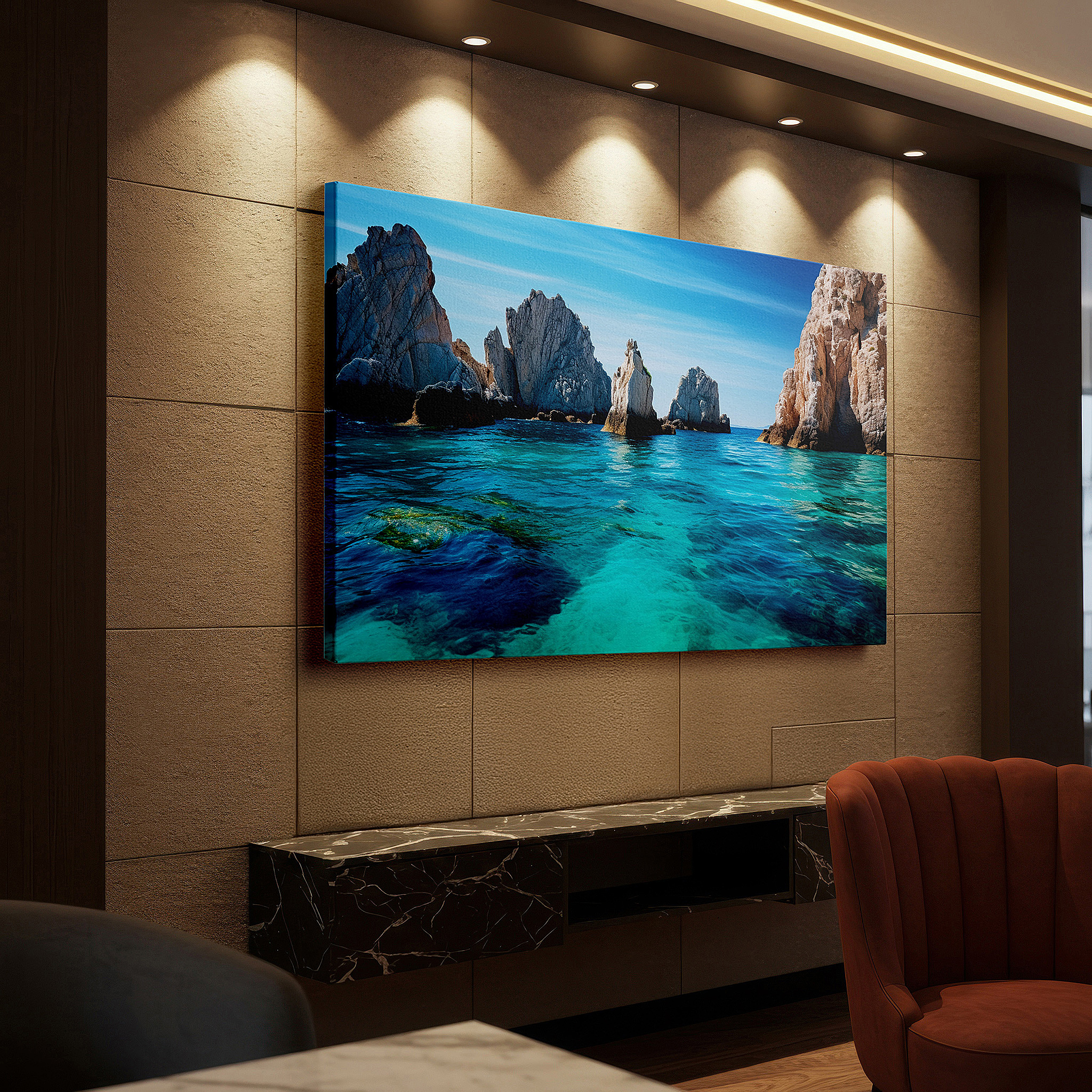 Featured in a dining room with dark wood furniture and candlelight — coastal clarity - turquoise waters and rocky shores beneath an expansive blue sky large wall art, canvas wall art, wall decor for office and bedroom