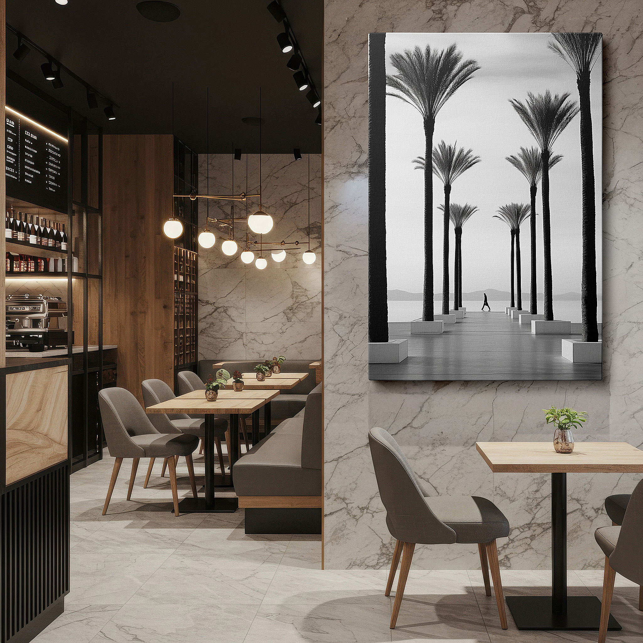Featured in a dining room with dark wood furniture and candlelight — coastal pathway wall art: featuring a serene walkway, palm trees, a solitary figure, and a perfect sea-sky horizon - ideal for home or office decor, available as large canvas wall art