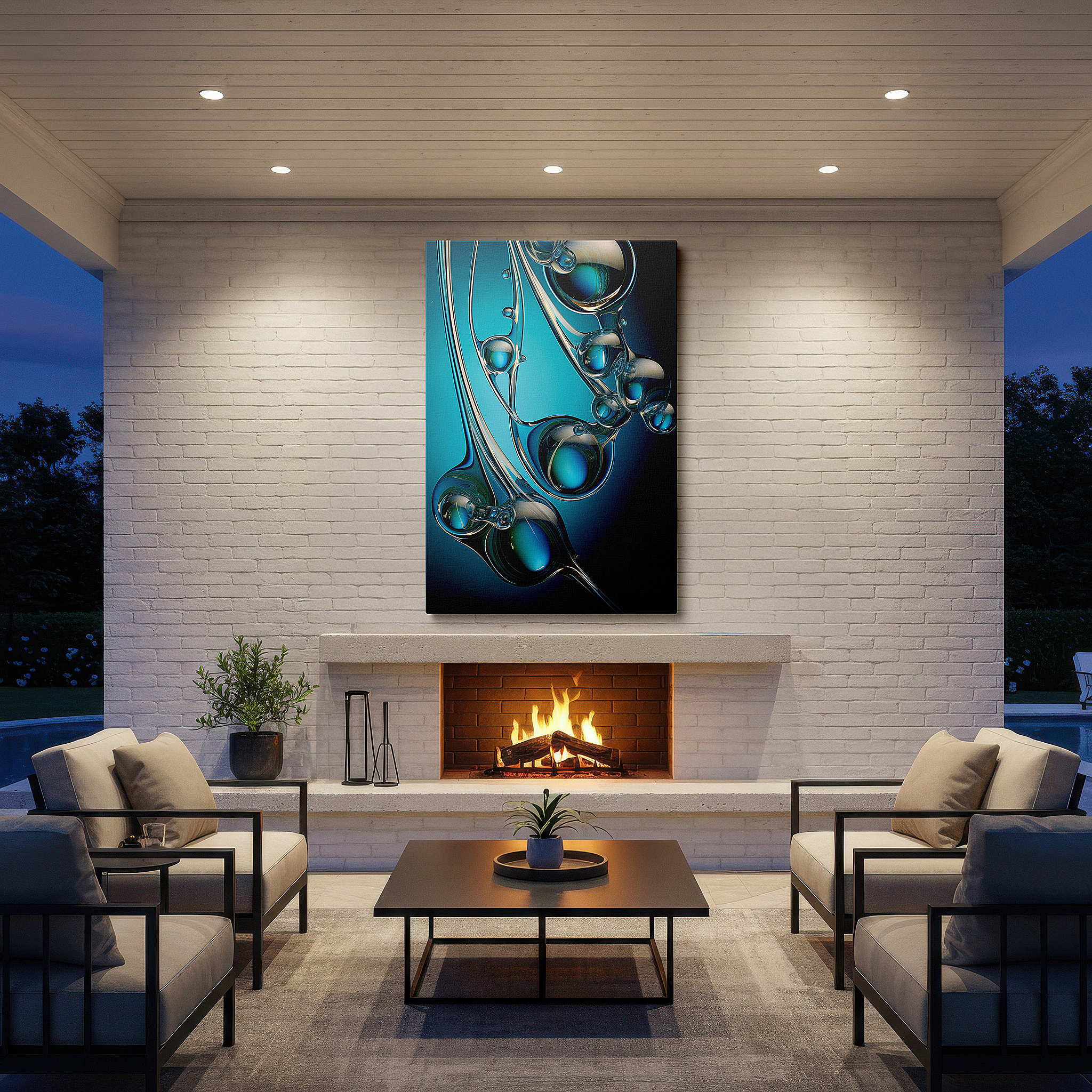 Featured in a dining room with dark wood furniture and candlelight — colorful abstract art with fluid shapes and glossy spheres on a deep blue background, large canvas wall art