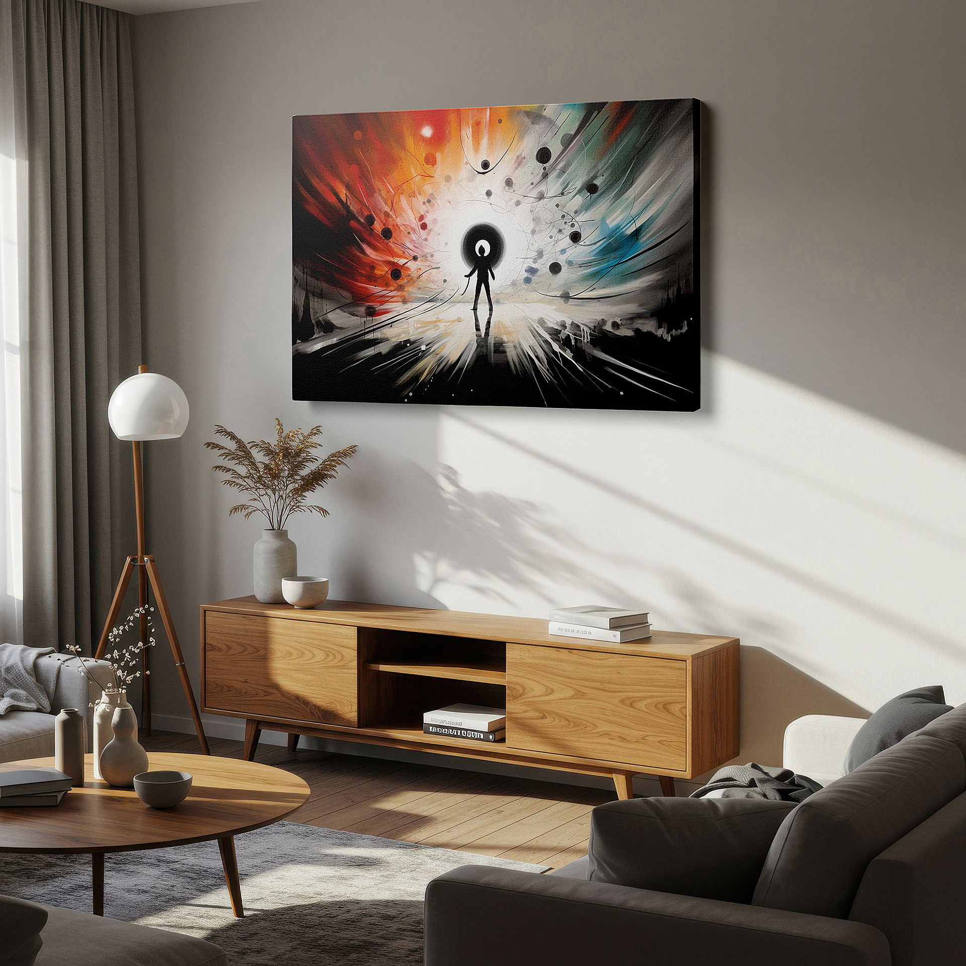 Featured in a dining room with dark wood furniture and candlelight — cosmic dance of colors: exploring human potential through abstract imagery - large canvas wall art for office, living room, and bedroom decor