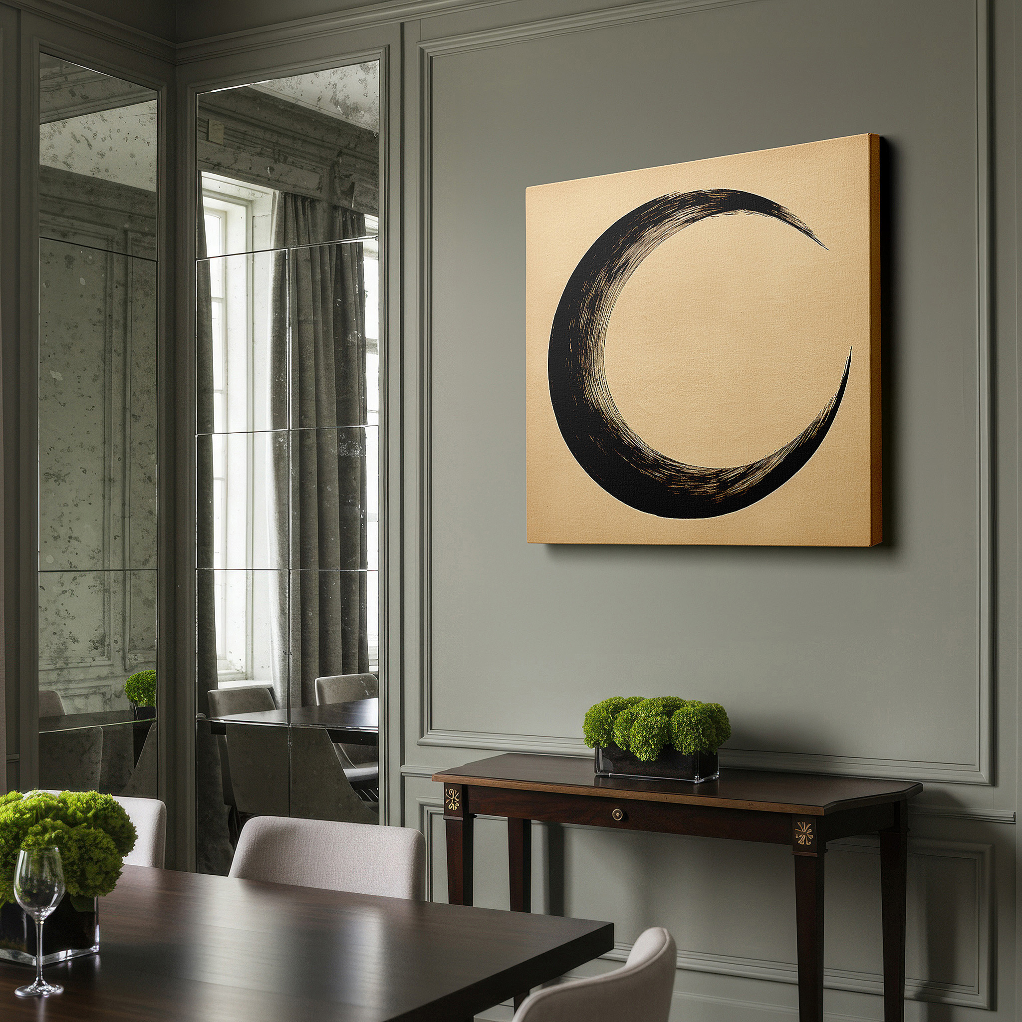 Featured in a dining room with dark wood furniture and candlelight — crescent moon in bold black against twilight hues, tranquil large wall art for contemplation, canvas wall art, office wall decor