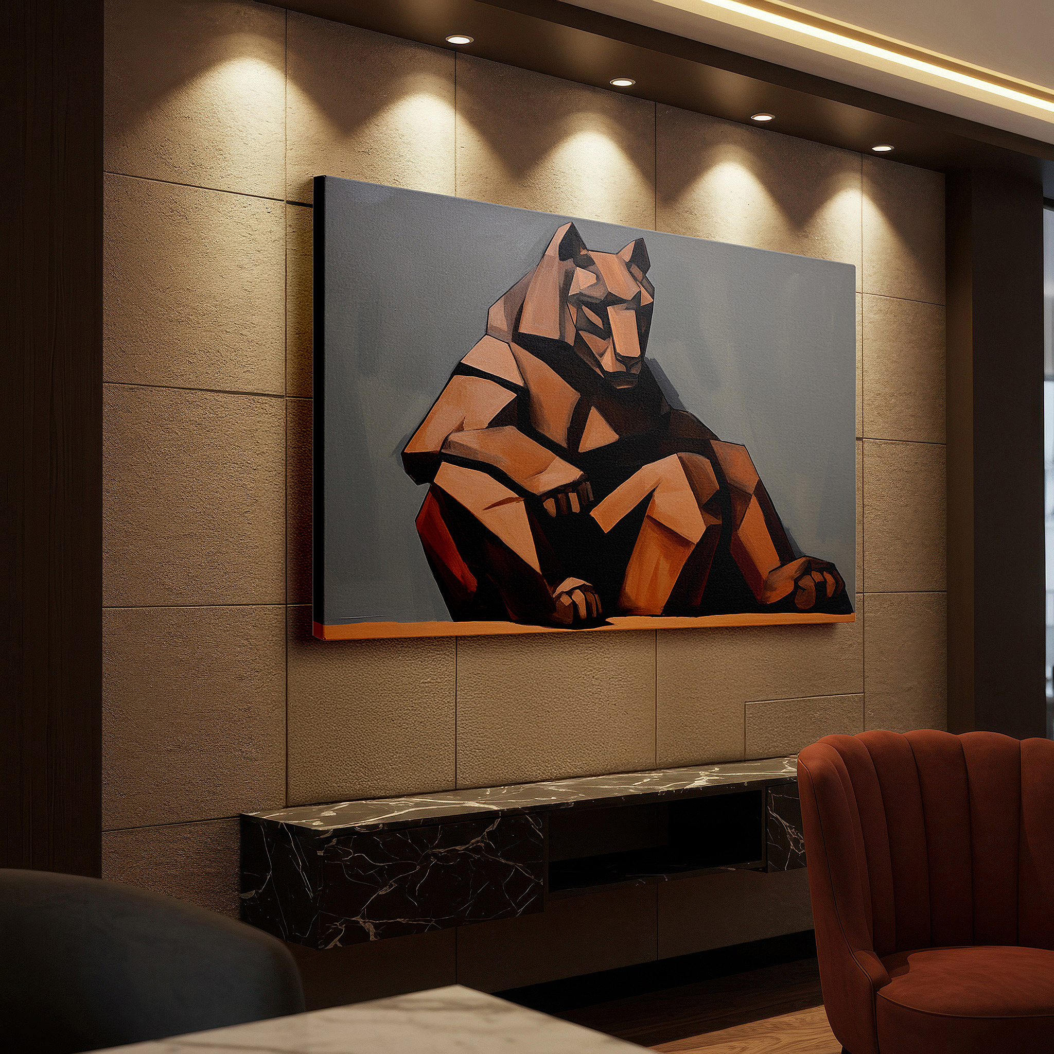 Featured in a dining room with dark wood furniture and candlelight — cubist-style majestic lion, serene yet dynamic abstract expression, large canvas wall art for office and bedroom decor