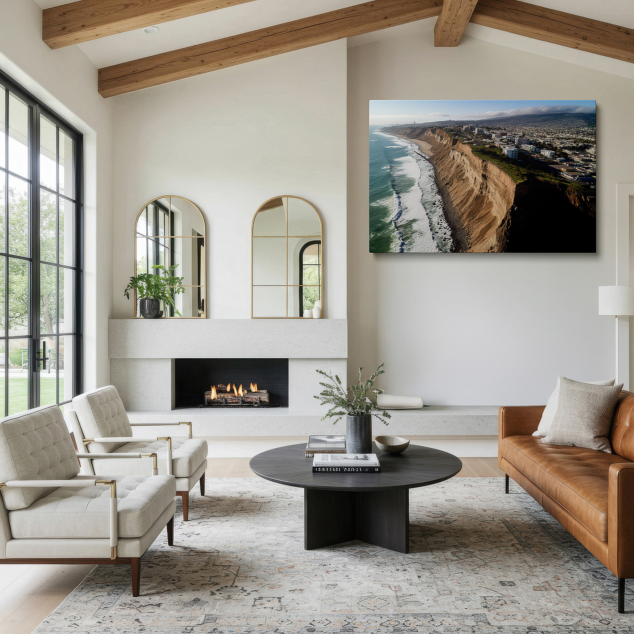 Featured in a dining room with dark wood furniture and candlelight — dramatic coastal cliffs and peaceful seas - large wall art for coastal landscapes, canvas art, decorative wall art for offices and bedrooms