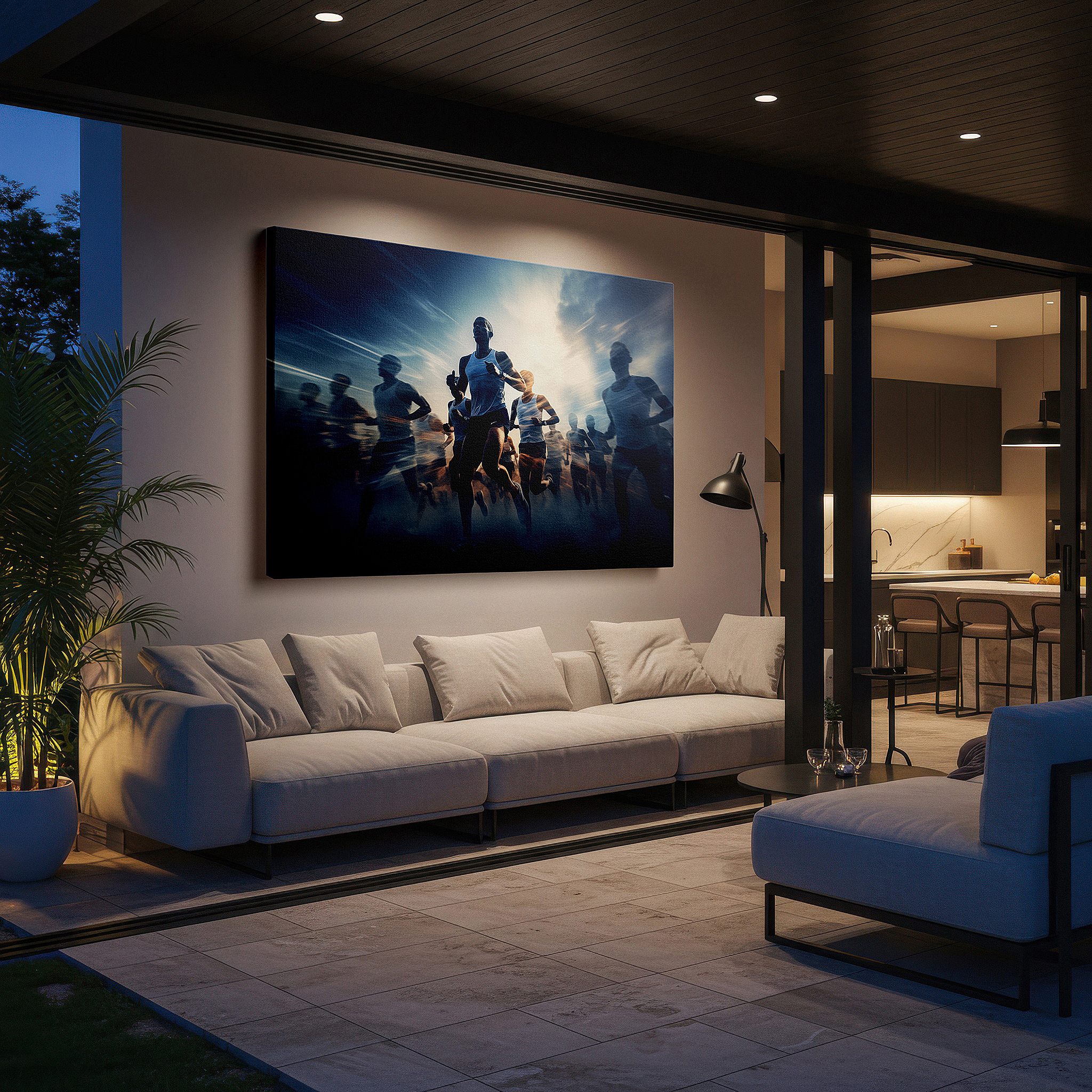 Featured in a dining room with dark wood furniture and candlelight — dynamic athleticism in motion: celebrating speed and team spirit - large canvas wall art for office decor