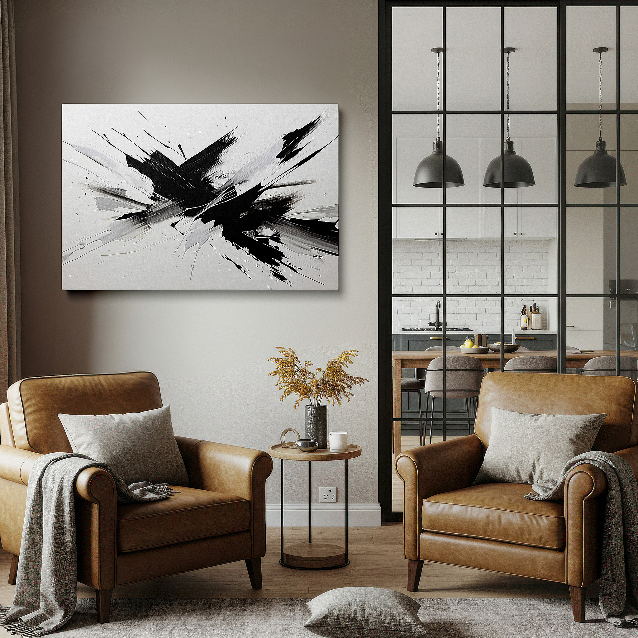 Featured in a dining room with dark wood furniture and candlelight — dynamic black and white abstract expressionism artwork, embodying emotional turmoil and motion, ideal for large wall decor, canvas art for home and office