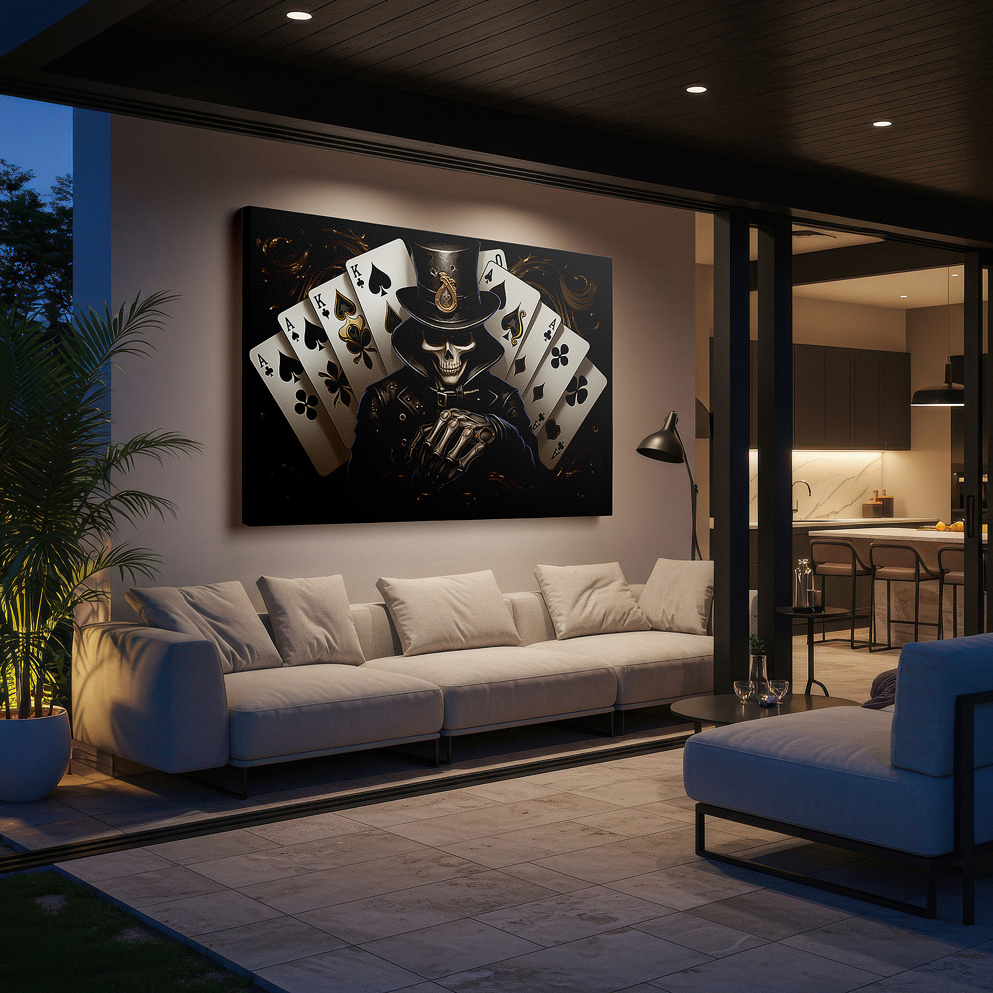 Featured in a dining room with dark wood furniture and candlelight — elegant and mysterious fate and chance dance large wall art, canvas wall decor for office, bedroom, and living room