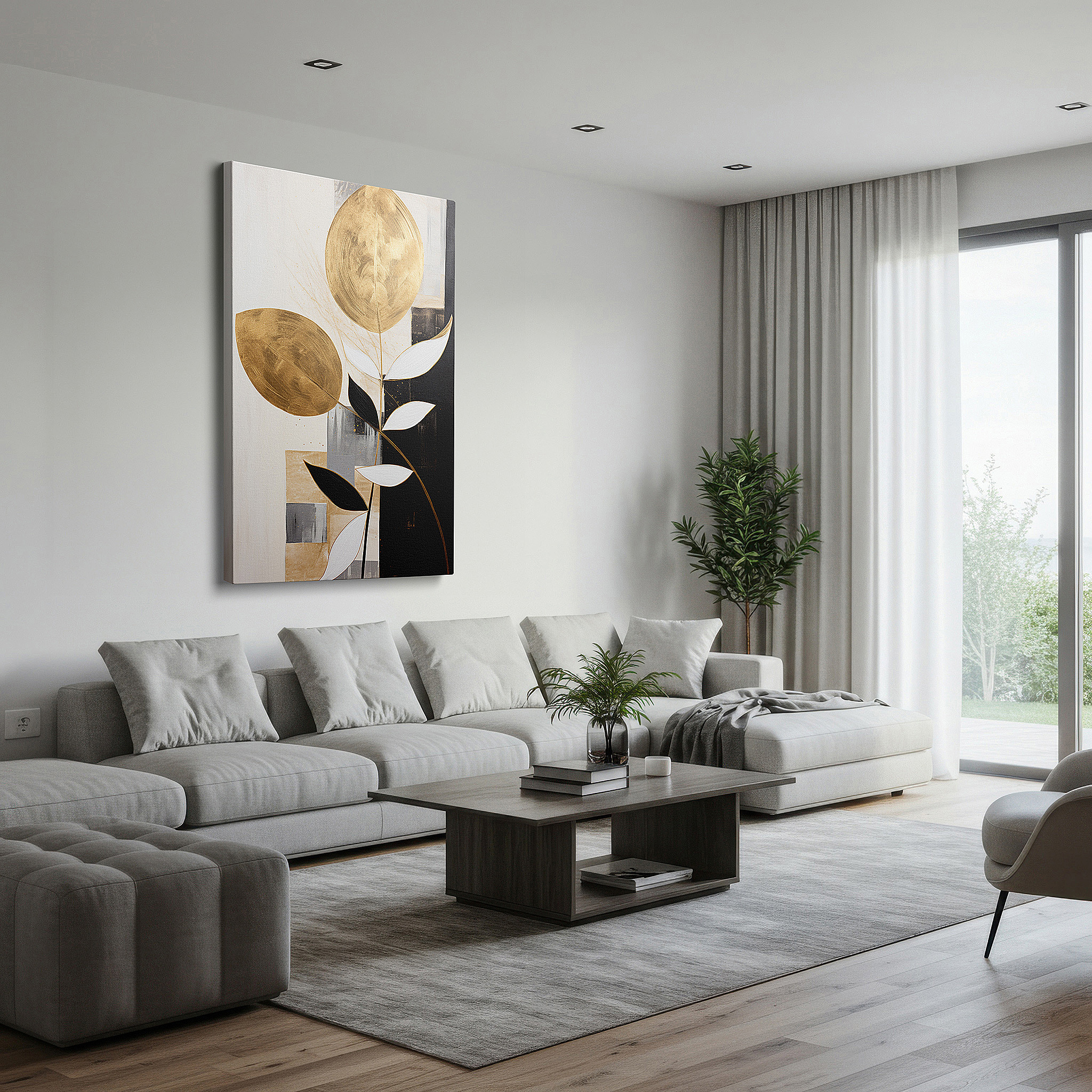 Featured in a dining room with dark wood furniture and candlelight — elegant wall art featuring golden leaves and geometric designs on a black and white background, large canvas wall art for home and office decor
