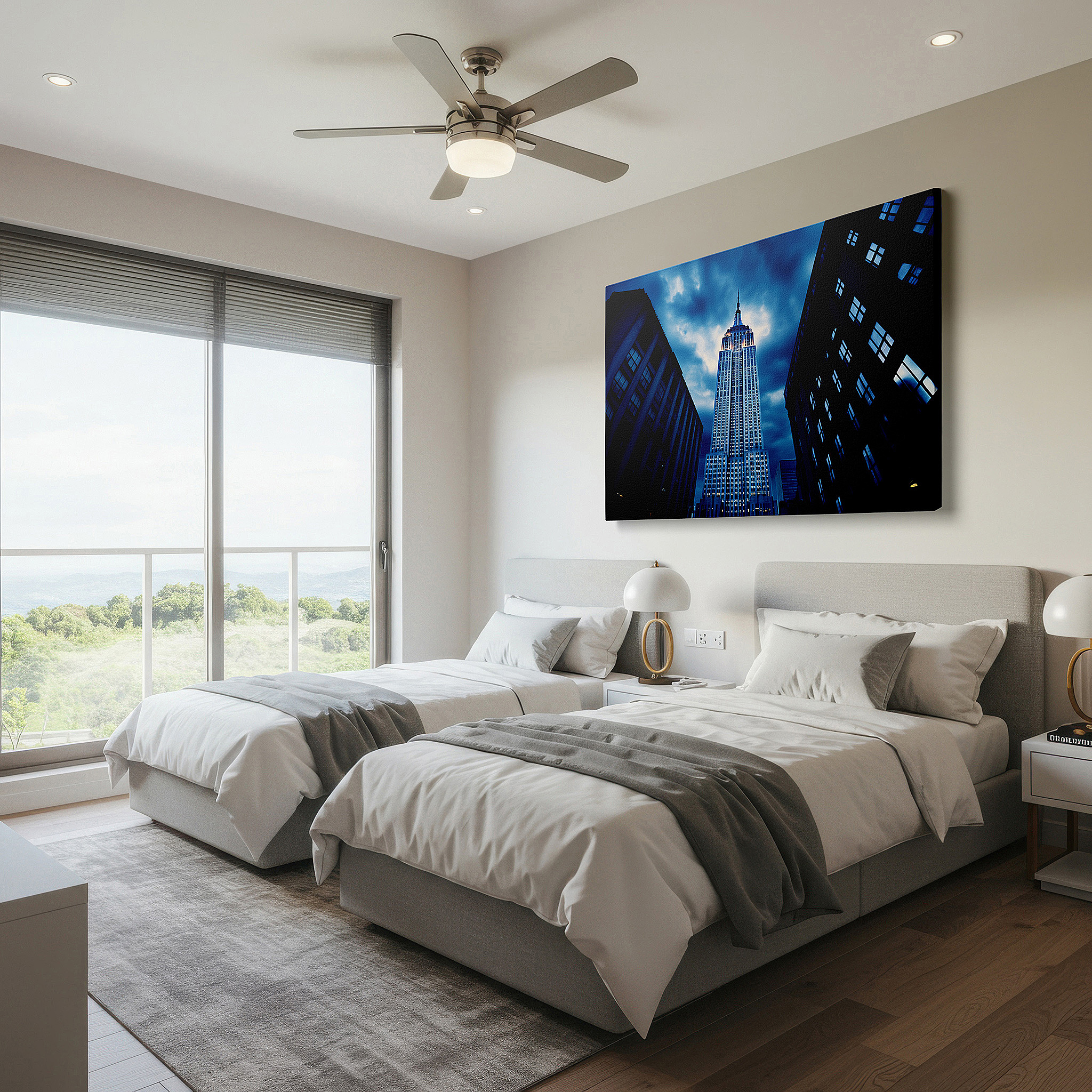 Featured in a dining room with dark wood furniture and candlelight — empire state building against a dramatic night sky: a tribute to new york's architectural grandeur and ambitious essence - large canvas wall art