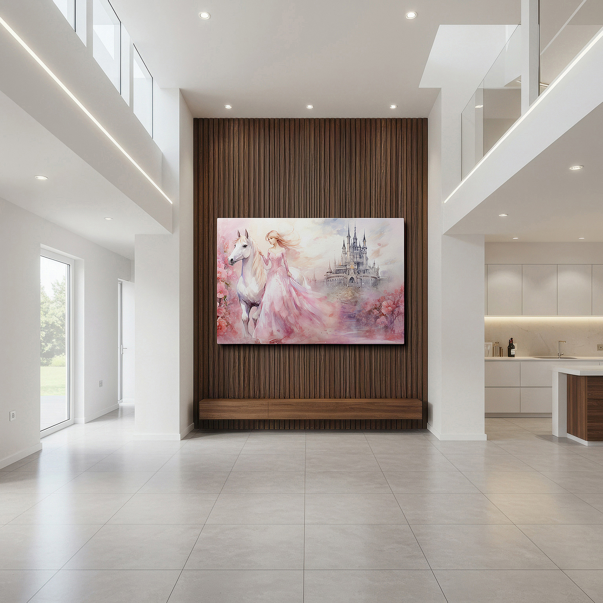 Featured in a dining room with dark wood furniture and candlelight — enchanted princess and white horse at a fairy tale castle with blossoms, large canvas wall art for office and bedroom decor