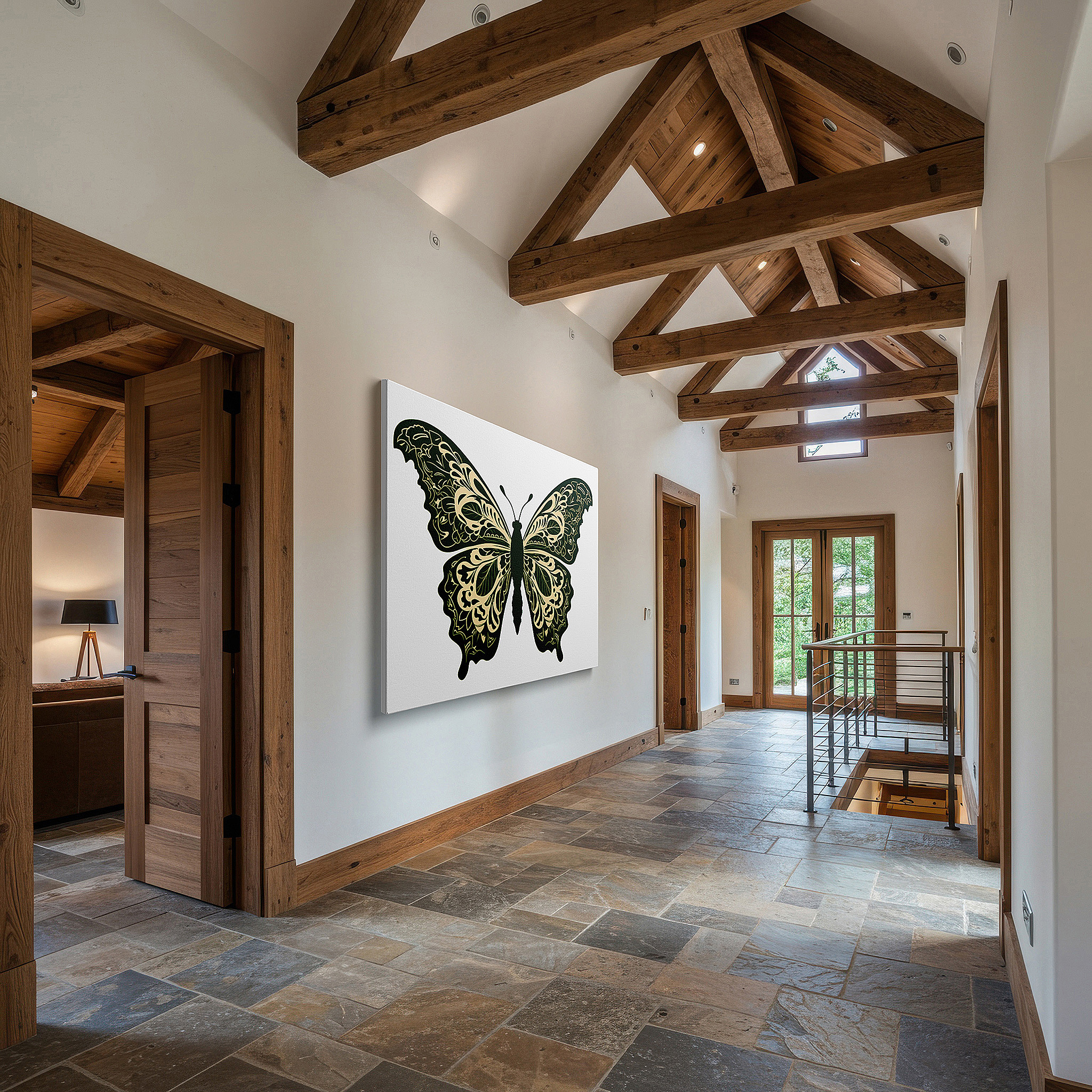 Featured in a dining room with dark wood furniture and candlelight — enchanting butterfly graphic representing change and liberation in nature, large canvas wall art for home and office decor