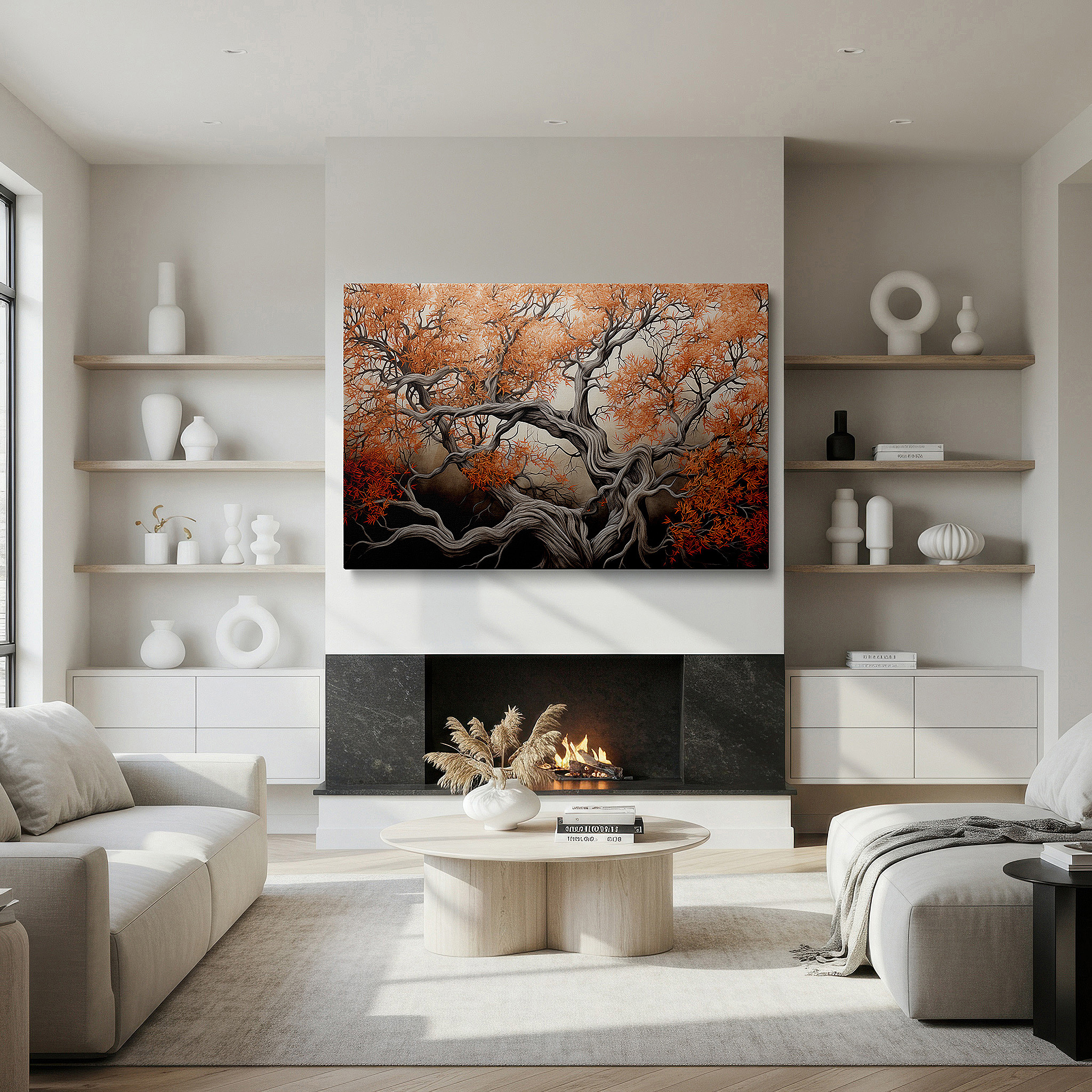 Featured in a dining room with dark wood furniture and candlelight — fiery orange autumn tree with gnarled branches large canvas wall art, dramatic dark backdrop wall decor