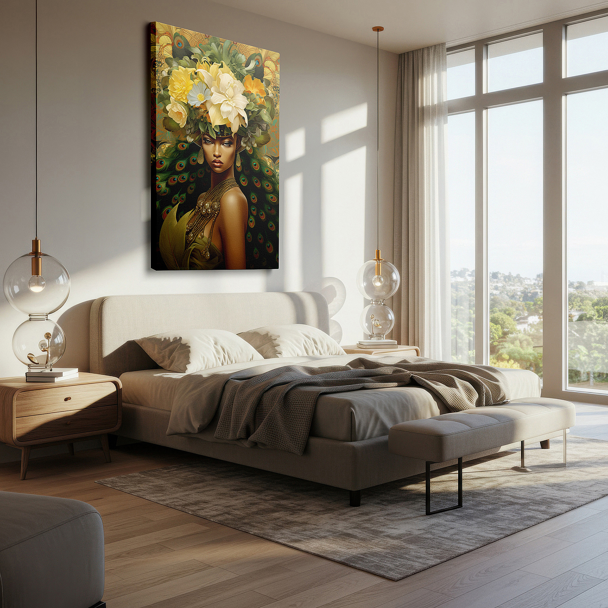 Featured in a dining room with dark wood furniture and candlelight — floral crowned portrait emphasizing empowered femininity and nature's majesty - large canvas wall art for home and office decor