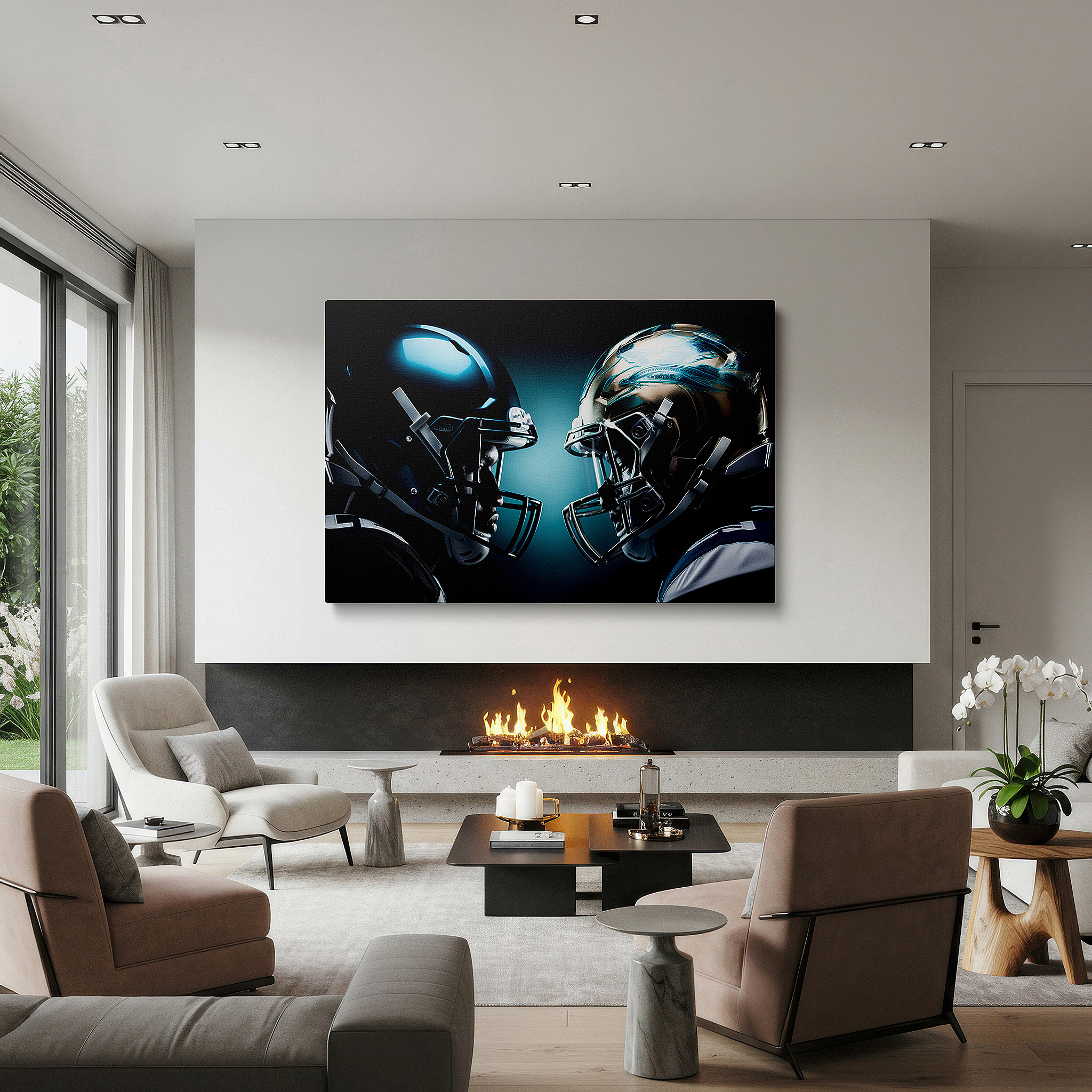 Featured in a dining room with dark wood furniture and candlelight — football rivalry helmets - intense pre-game face-off depicting the competitive essence of football, large canvas wall art for office decor