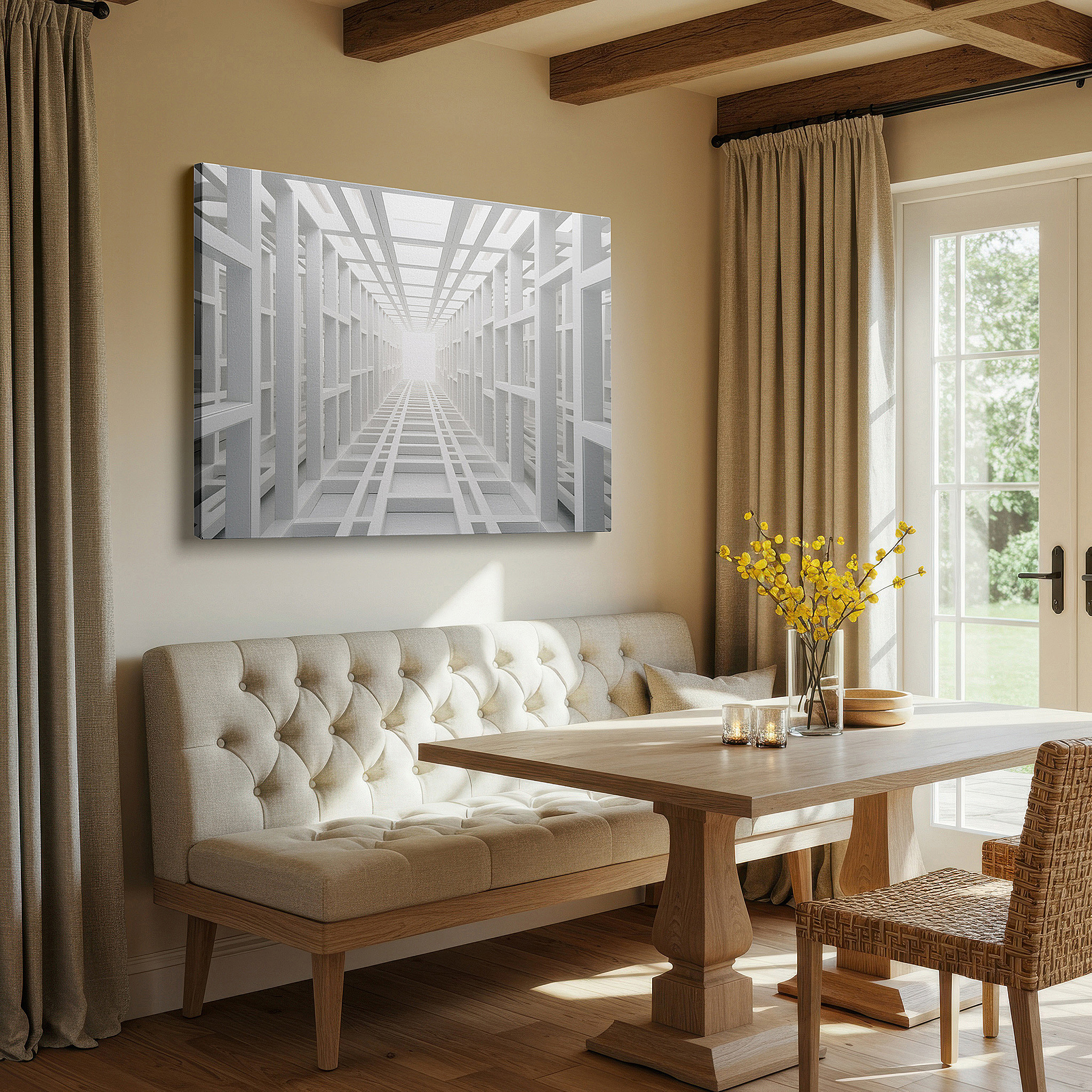 Featured in a dining room with dark wood furniture and candlelight — futuristic interior featuring clean lines and geometric shapes leading to a bright light - large wall art, canvas wall art, wall decor for office