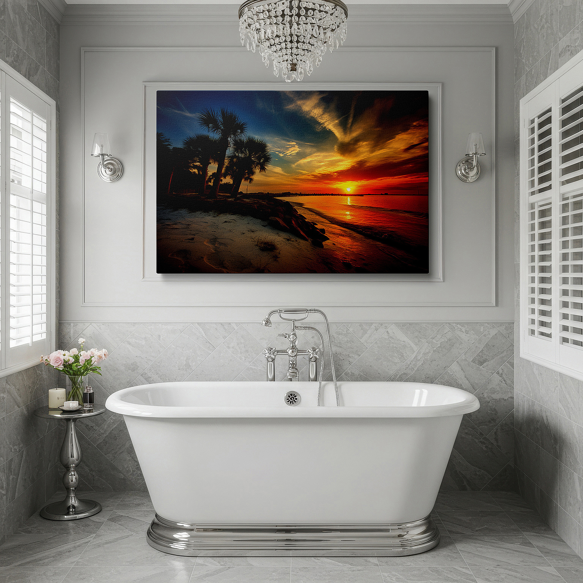 Featured in a dining room with dark wood furniture and candlelight — golden sunset and palm silhouettes serene beach large canvas wall art for office, bedroom, and living room decor