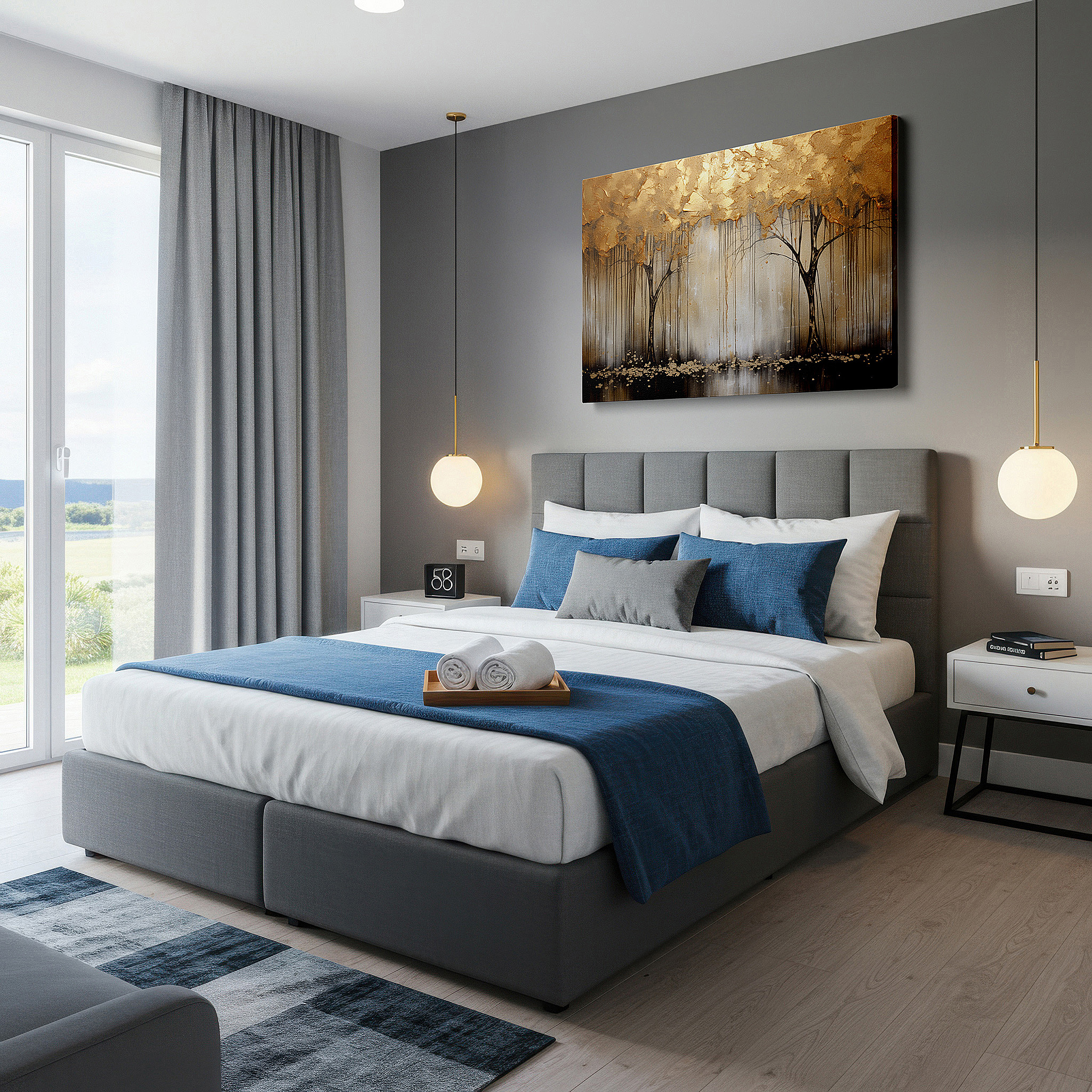 Featured in a dining room with dark wood furniture and candlelight — golden trees against black: a display of resilience and radiance - large wall art for offices, bedrooms, and living spaces
