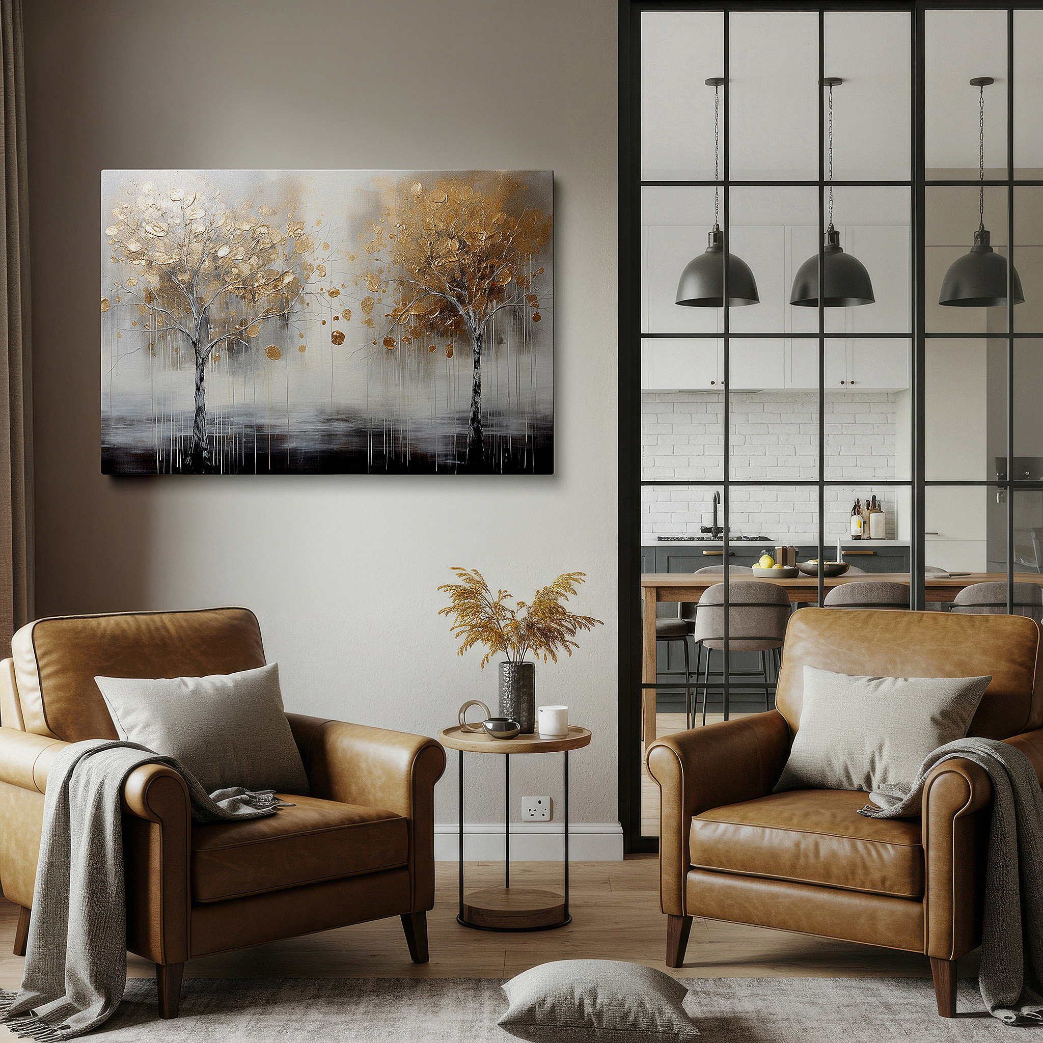 Featured in a dining room with dark wood furniture and candlelight — golden trees reaching towards the sky in a dreamlike, textured scenery large wall art, canvas wall art, wall decor for office and bedroom