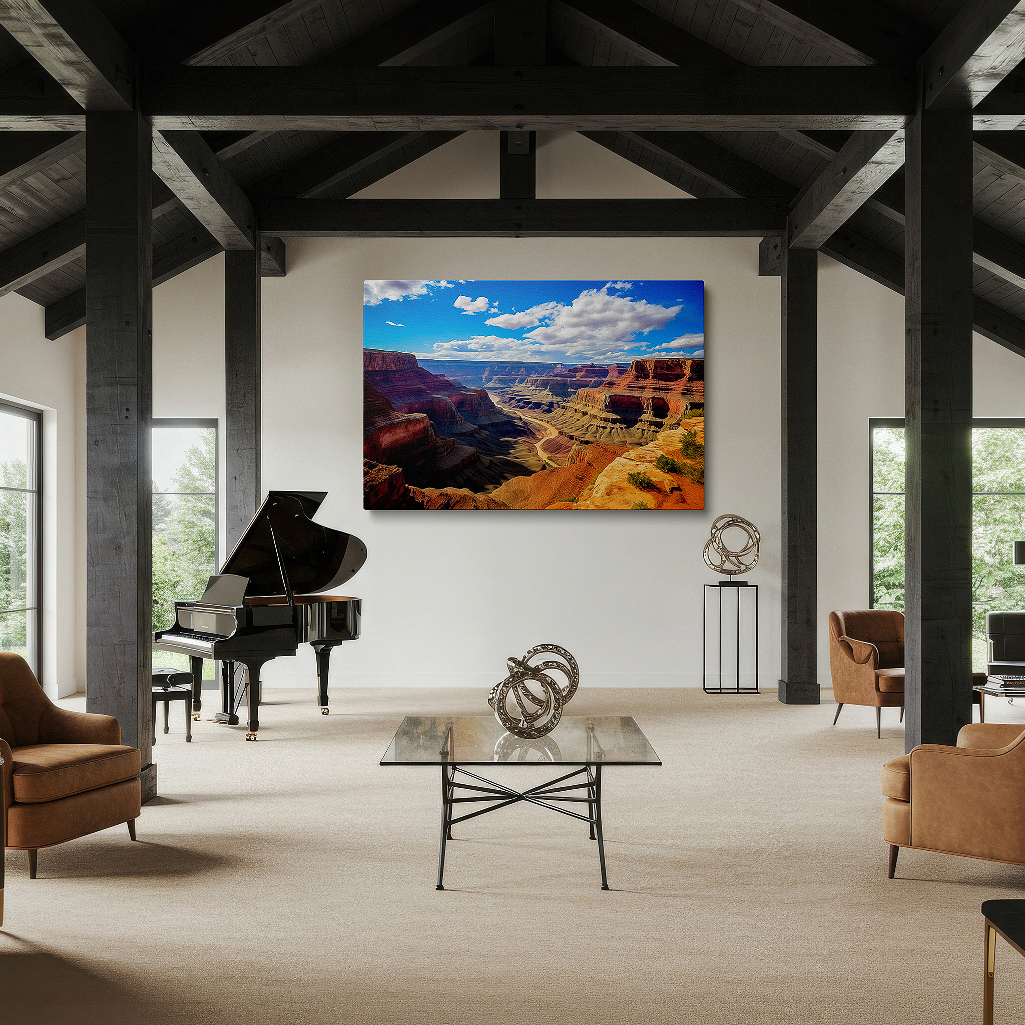 Featured in a dining room with dark wood furniture and candlelight — grand canyon's majestic layers: light and shadow large wall art, canvas wall art, wall decor for office and bedroom