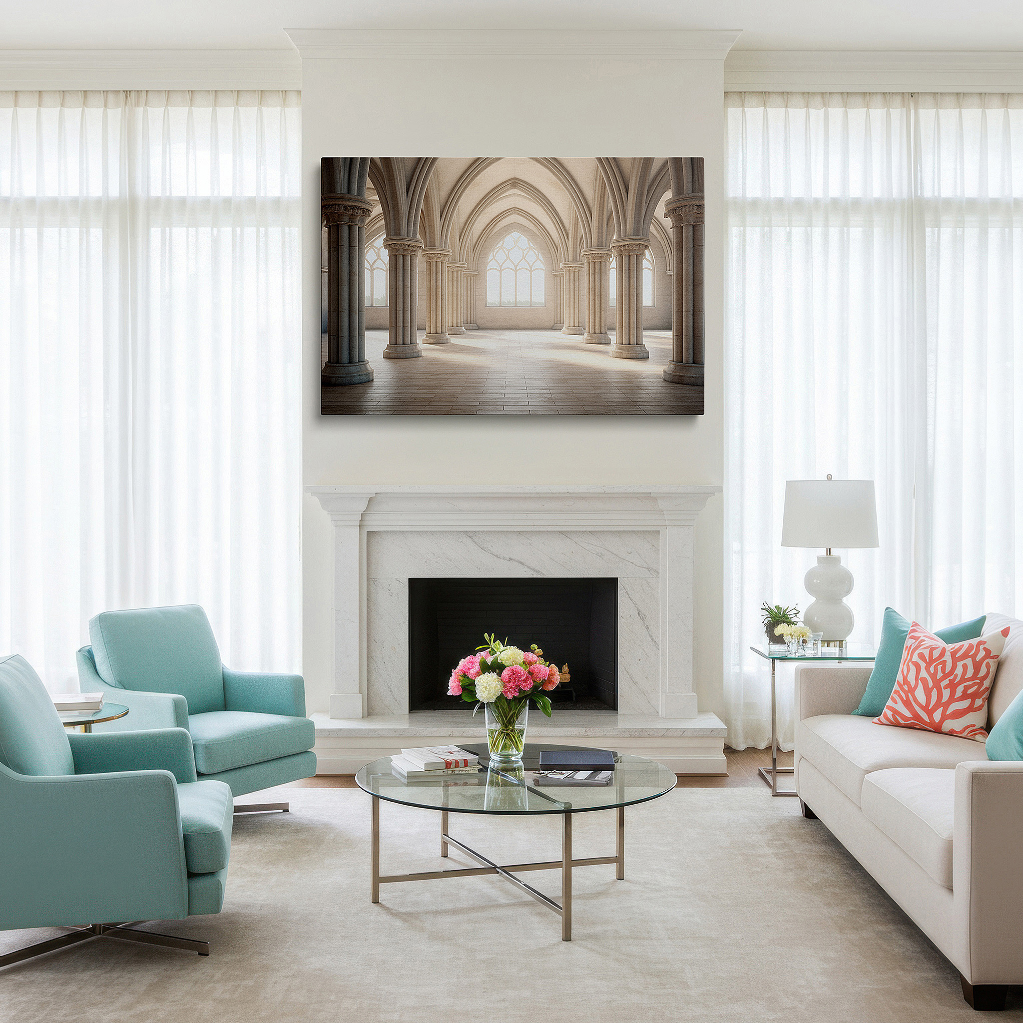Featured in a dining room with dark wood furniture and candlelight — grand gothic interior canvas featuring towering arches and detailed pillars, ideal for office and bedroom wall decor