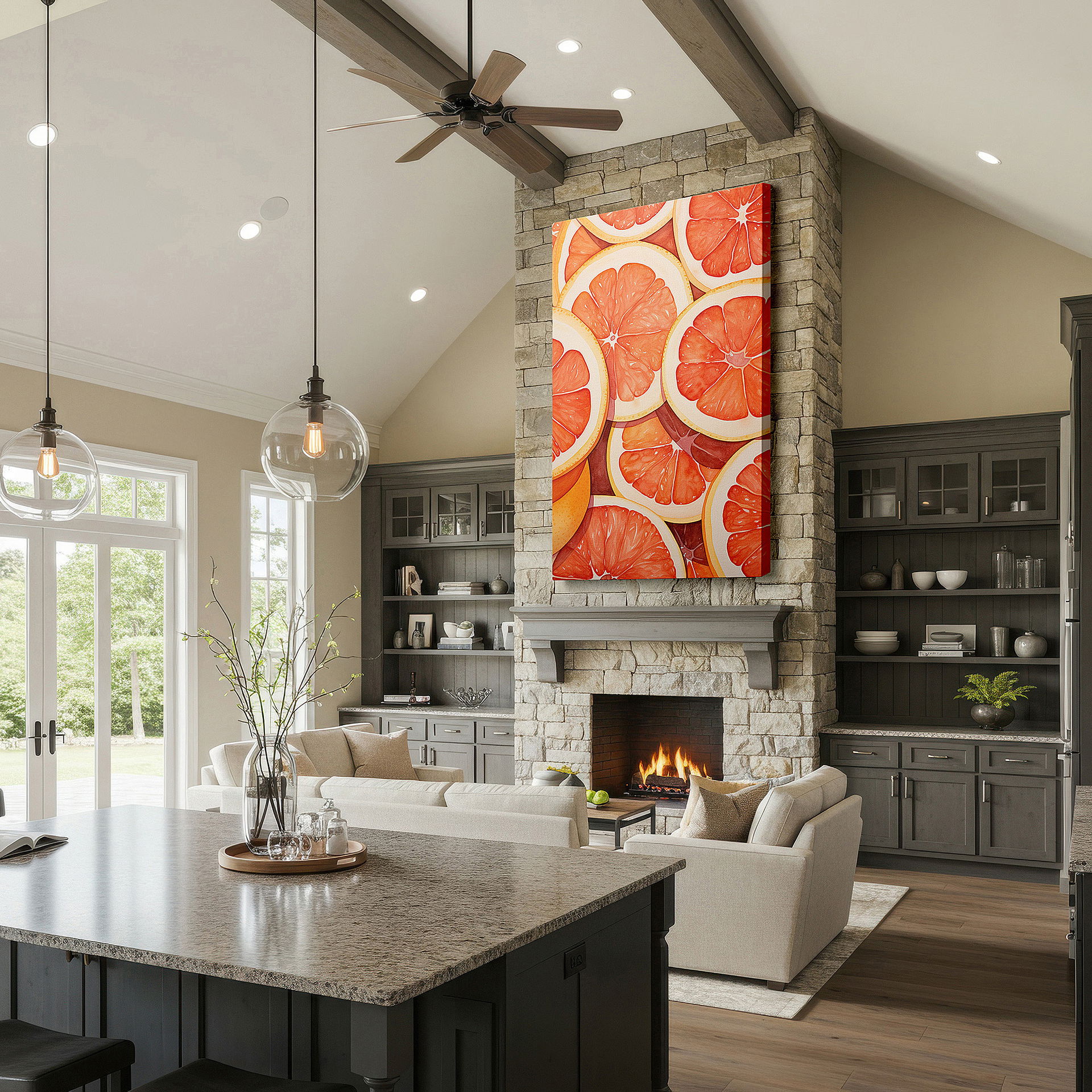 Featured in a dining room with dark wood furniture and candlelight — grapefruit slices wall art: experience freshness and vitality with dynamic colors - perfect for office or bedroom decor