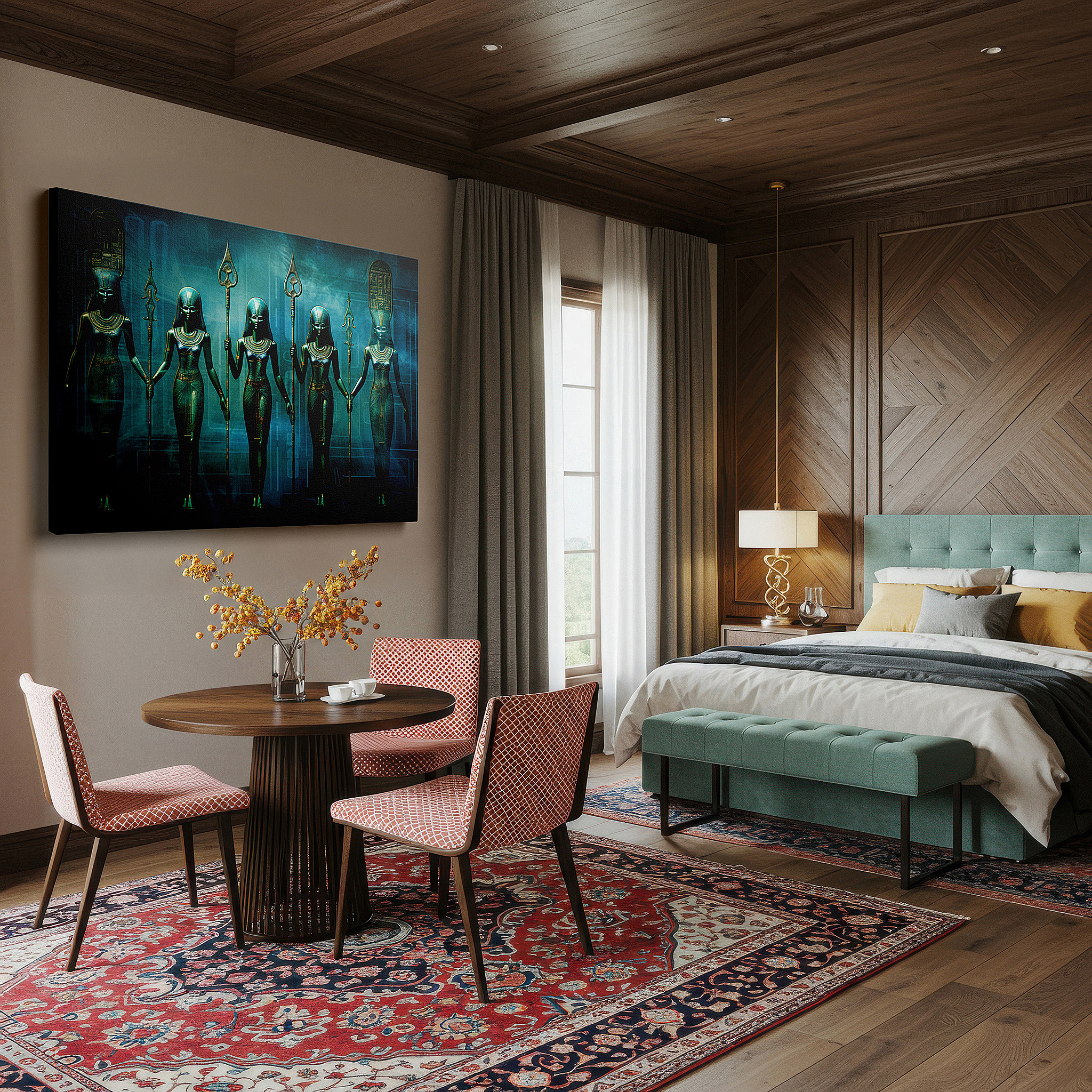 Featured in a dining room with dark wood furniture and candlelight — guardians of time: blending historical bravery with future insight - large wall art, canvas, home and office decor