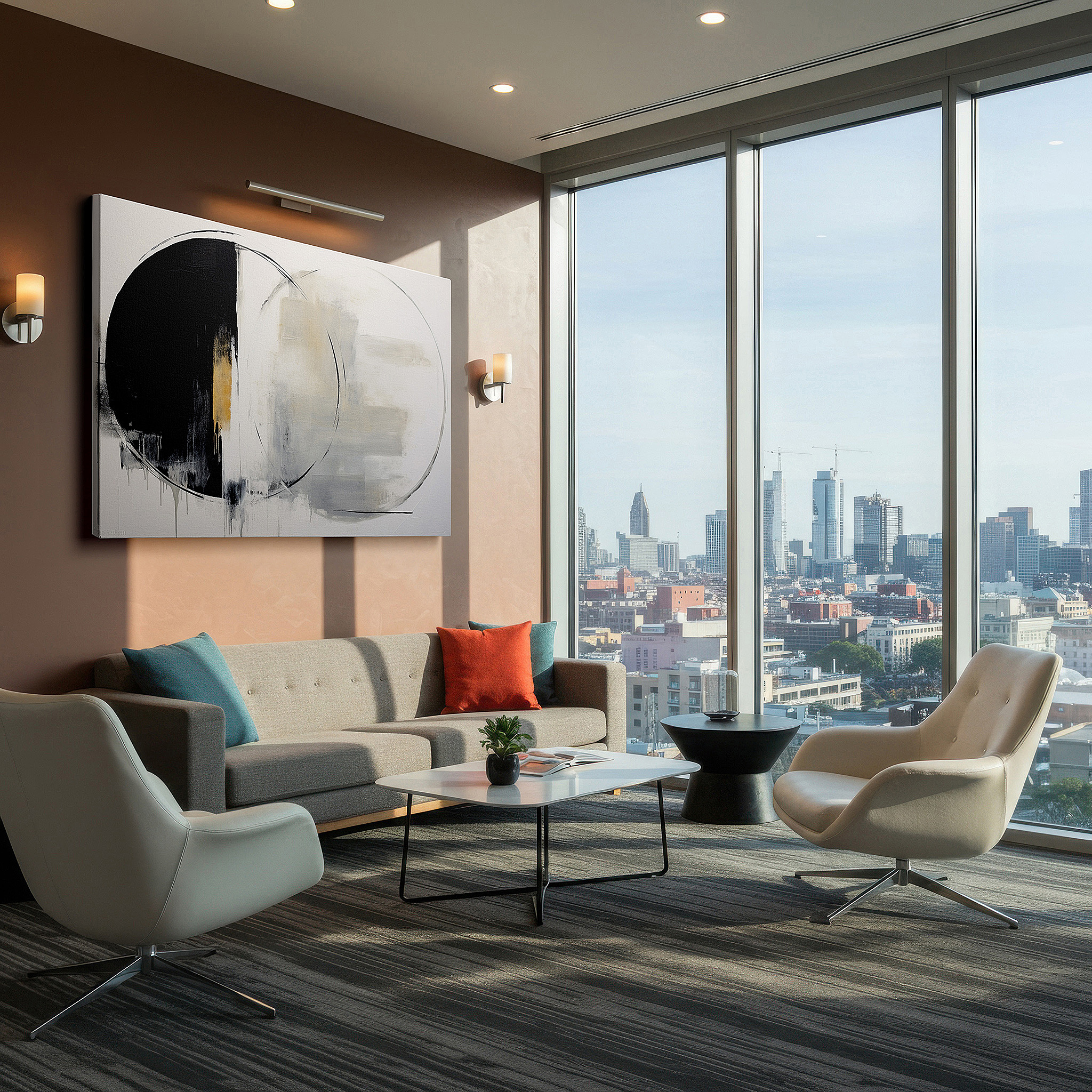 Featured in a dining room with dark wood furniture and candlelight — harmonious minimalism: large wall art featuring perfect circles and subtle shadows, ideal for office, bedroom, and living room decor