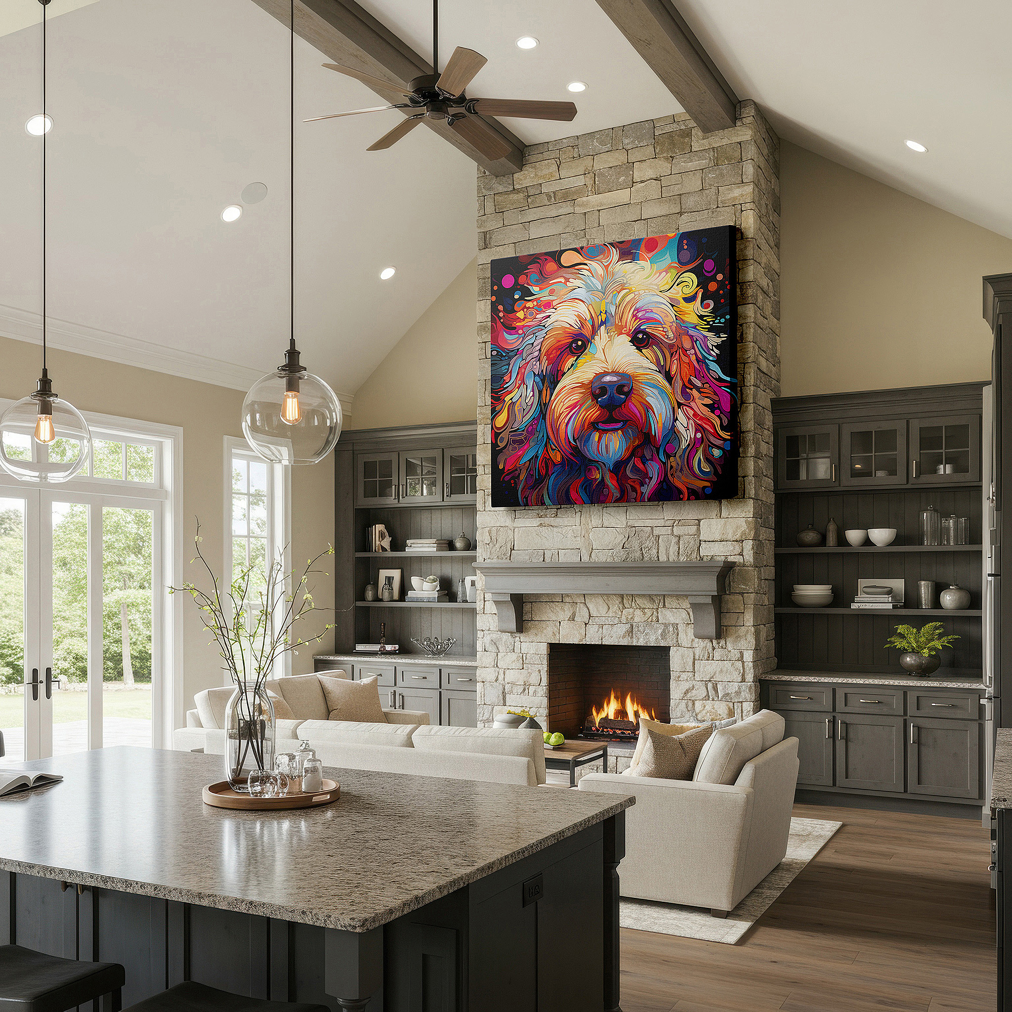 Featured in a dining room with dark wood furniture and candlelight — joyful and vibrant dog portrait: large canvas wall art for home and office decor