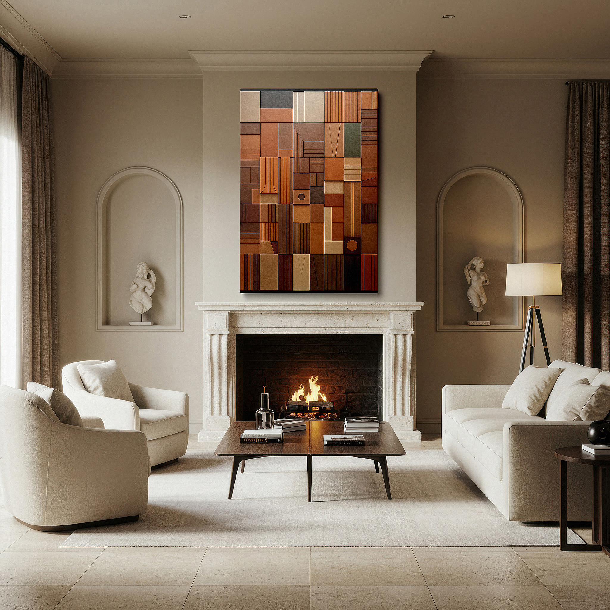 Featured in a dining room with dark wood furniture and candlelight — leather textured elegance: a symphony of earthy tones and artisan craftsmanship - large canvas wall art for office decor