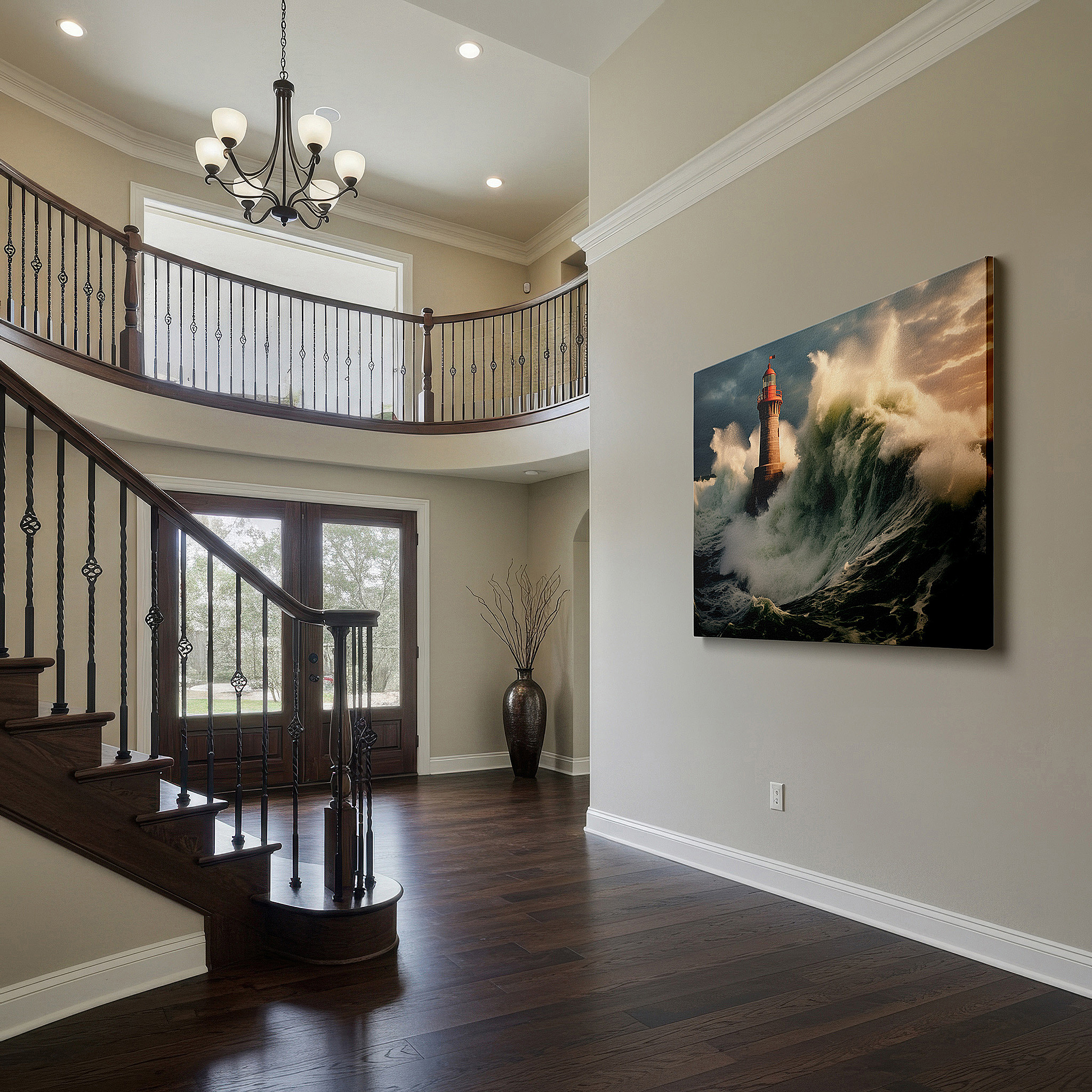 Featured in a dining room with dark wood furniture and candlelight — lighthouse amidst stormy seas wall art - symbolizing resilience and hope, perfect for office, living room, or bedroom decor, available as large canvas art