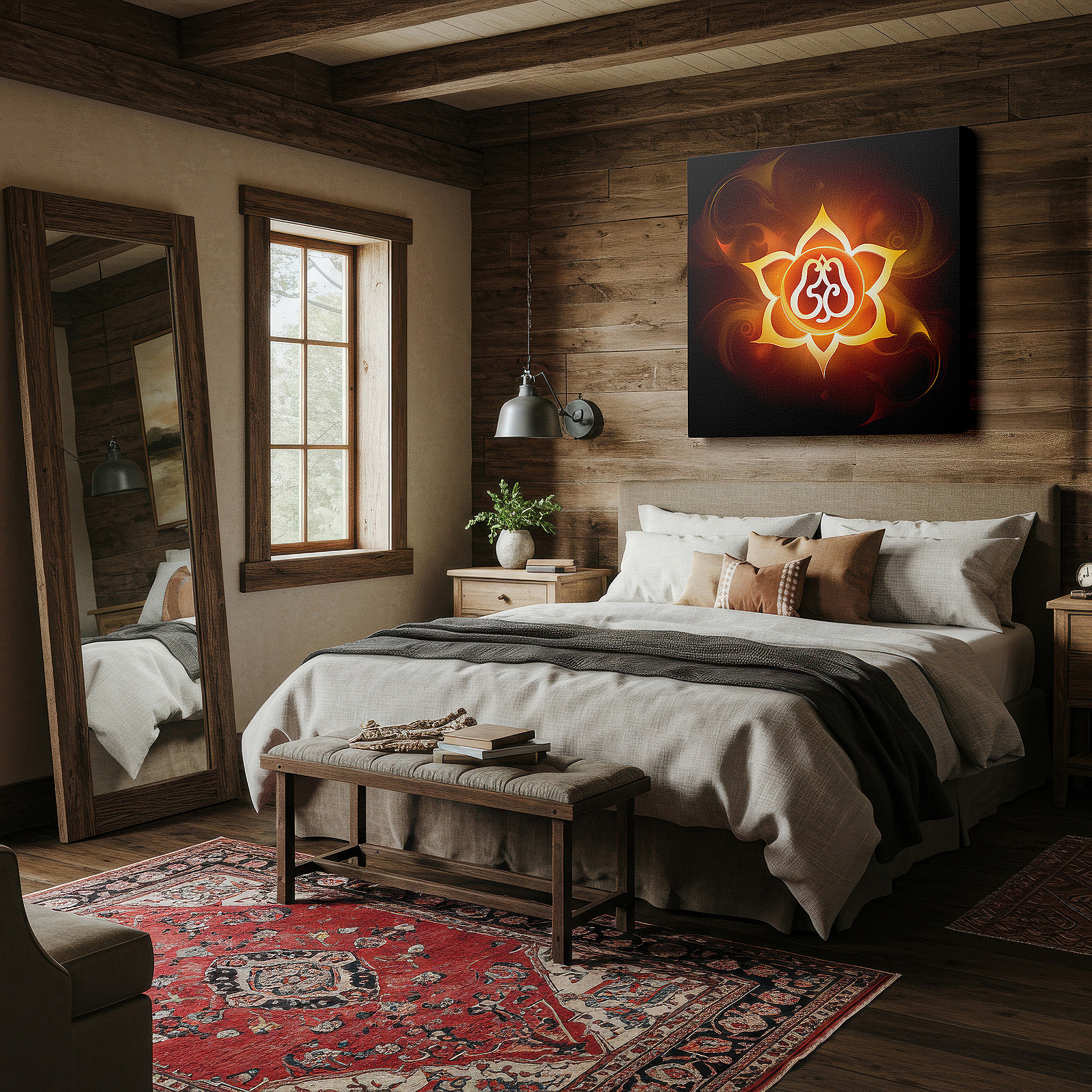 Featured in a dining room with dark wood furniture and candlelight — lotus of enlightenment wall art: radiant symbol of purity and resilience in fiery hues - large canvas art for home and office decor, perfect for living room and bedroom