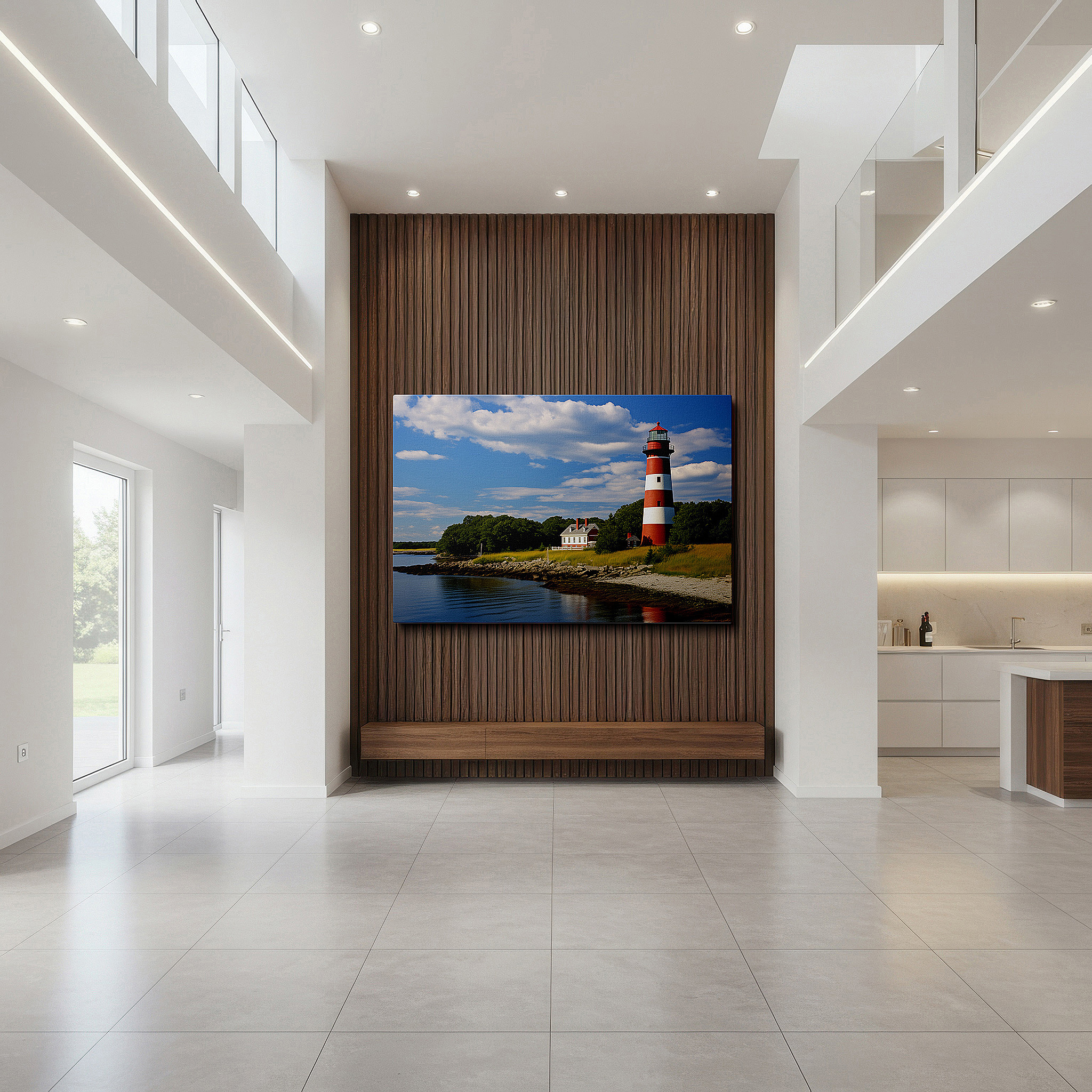 Featured in a dining room with dark wood furniture and candlelight — luminous lighthouse by tranquil waters surrounded by verdant foliage under a bright morning sky - large canvas wall art for home and office decor