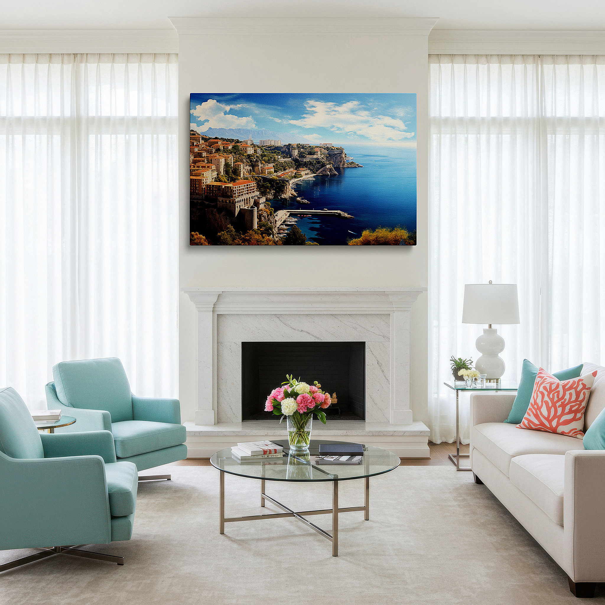Featured in a dining room with dark wood furniture and candlelight — luxurious coastal elegance meets wild nature in a cliffside mediterranean vista: large wall art, canvas wall art, wall decor for office