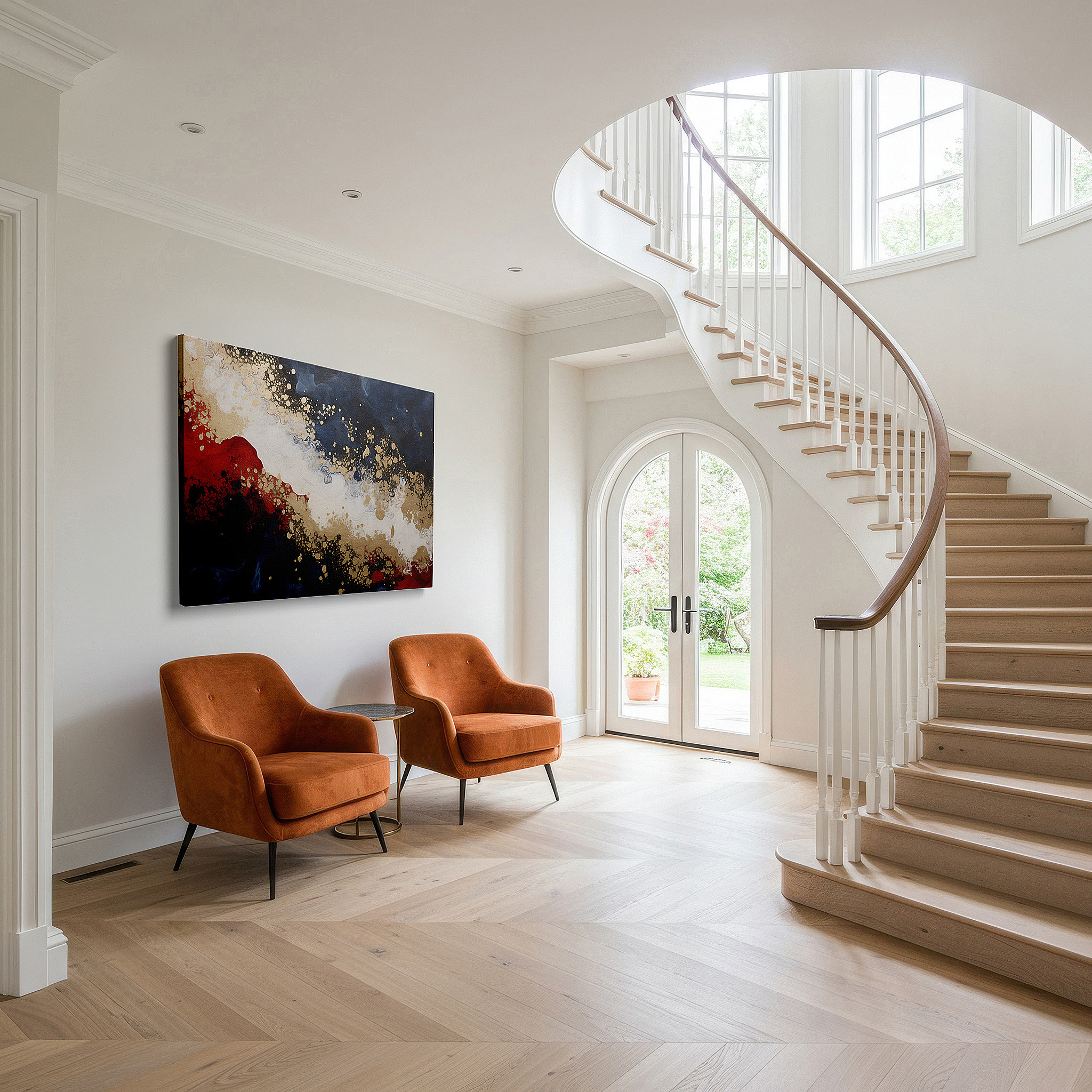 Featured in a dining room with dark wood furniture and candlelight — luxurious gold, mysterious deep blue, and vibrant red abstract canvas: inspiring and illuminating large wall art, canvas wall decor