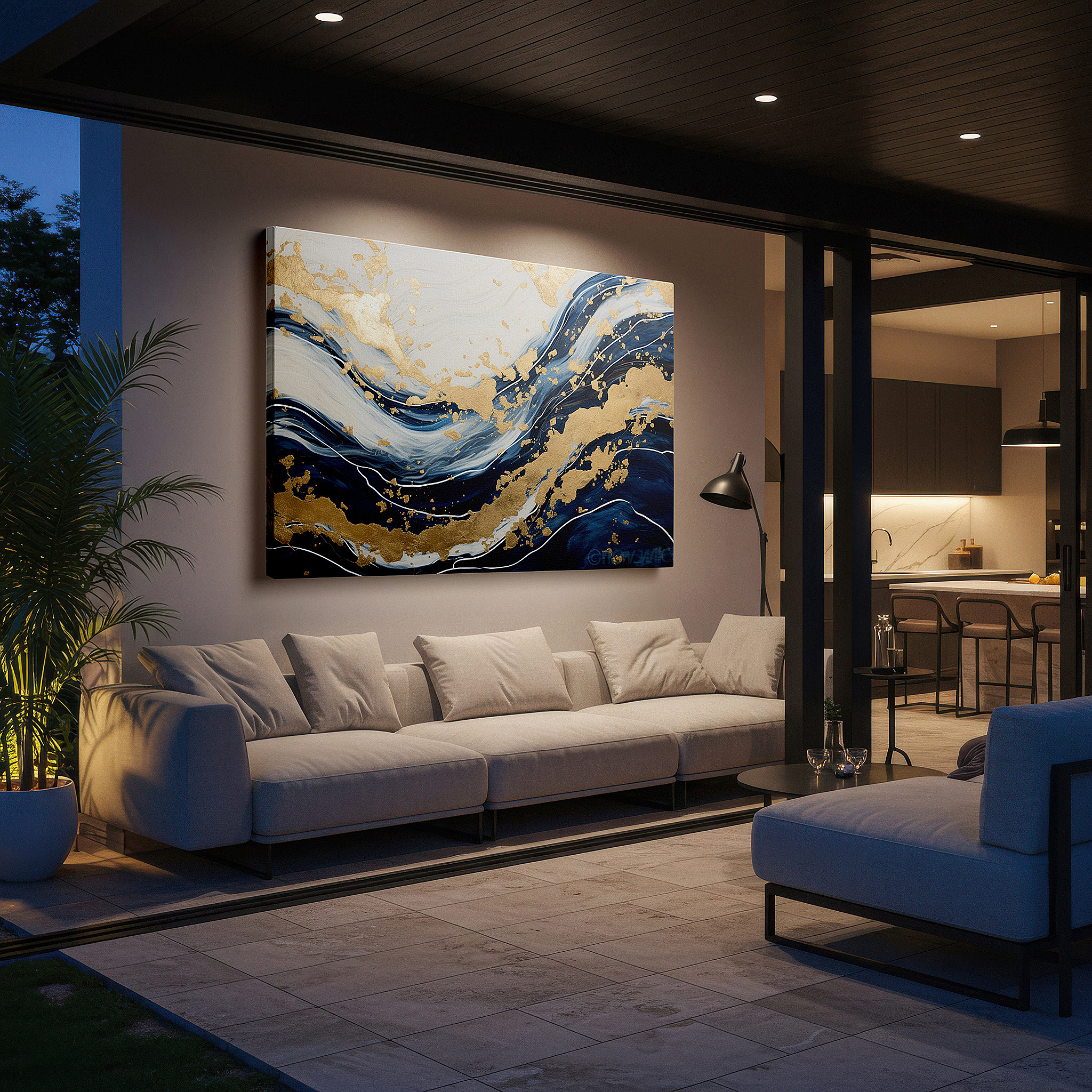 Featured in a dining room with dark wood furniture and candlelight — luxurious large wall art featuring dynamic ocean waves in blue and white with gold leaf accents, perfect for office or bedroom decor