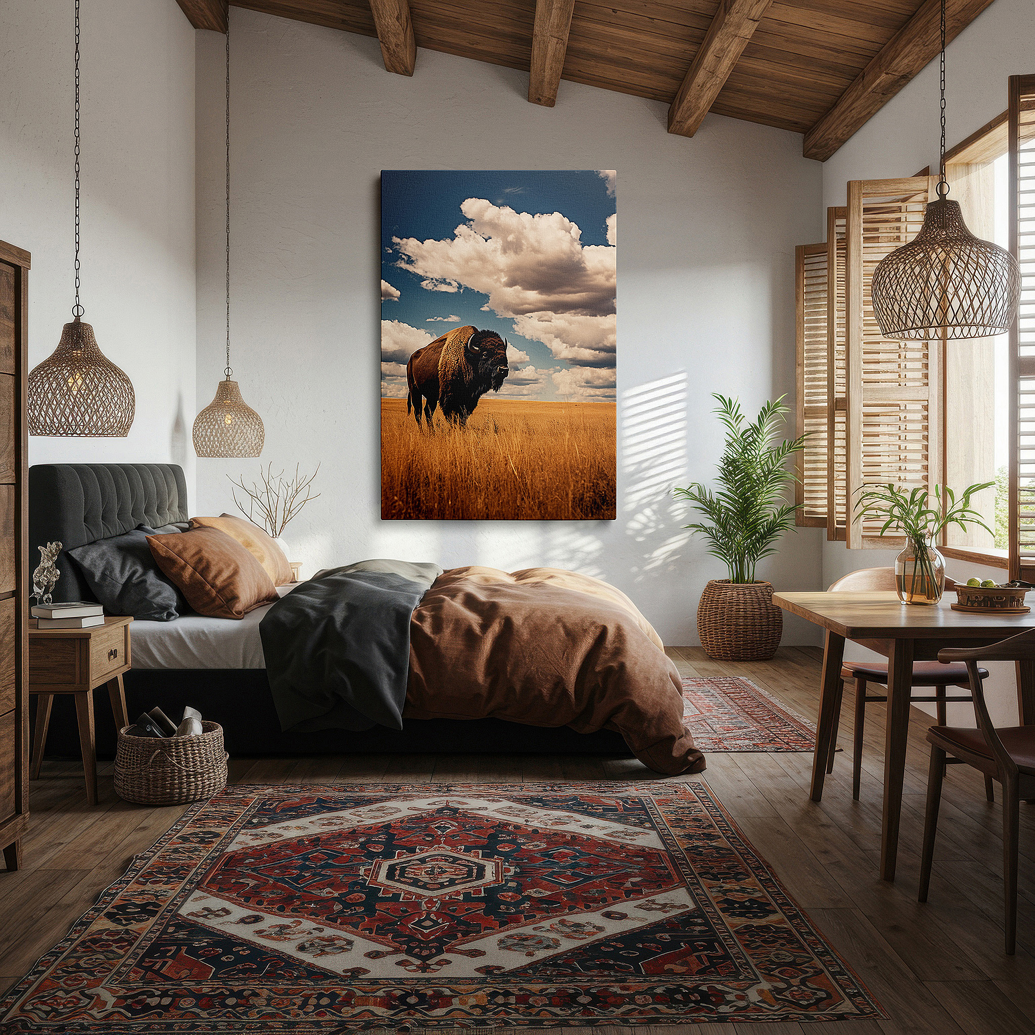 Featured in a dining room with dark wood furniture and candlelight — majestic bison on golden prairie under expansive blue sky - large canvas wall art for office, bedroom, and living room decor