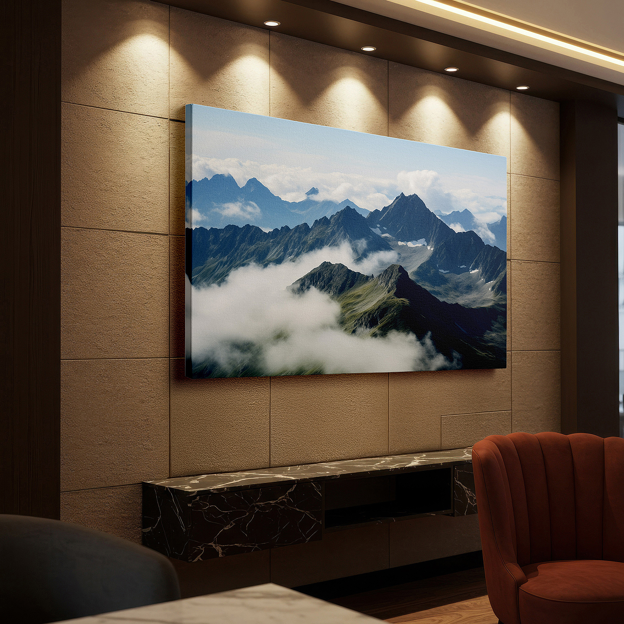 Featured in a dining room with dark wood furniture and candlelight — majestic mountain peaks ascending beyond the clouds, panoramic landscape large canvas wall art for office and bedroom decor